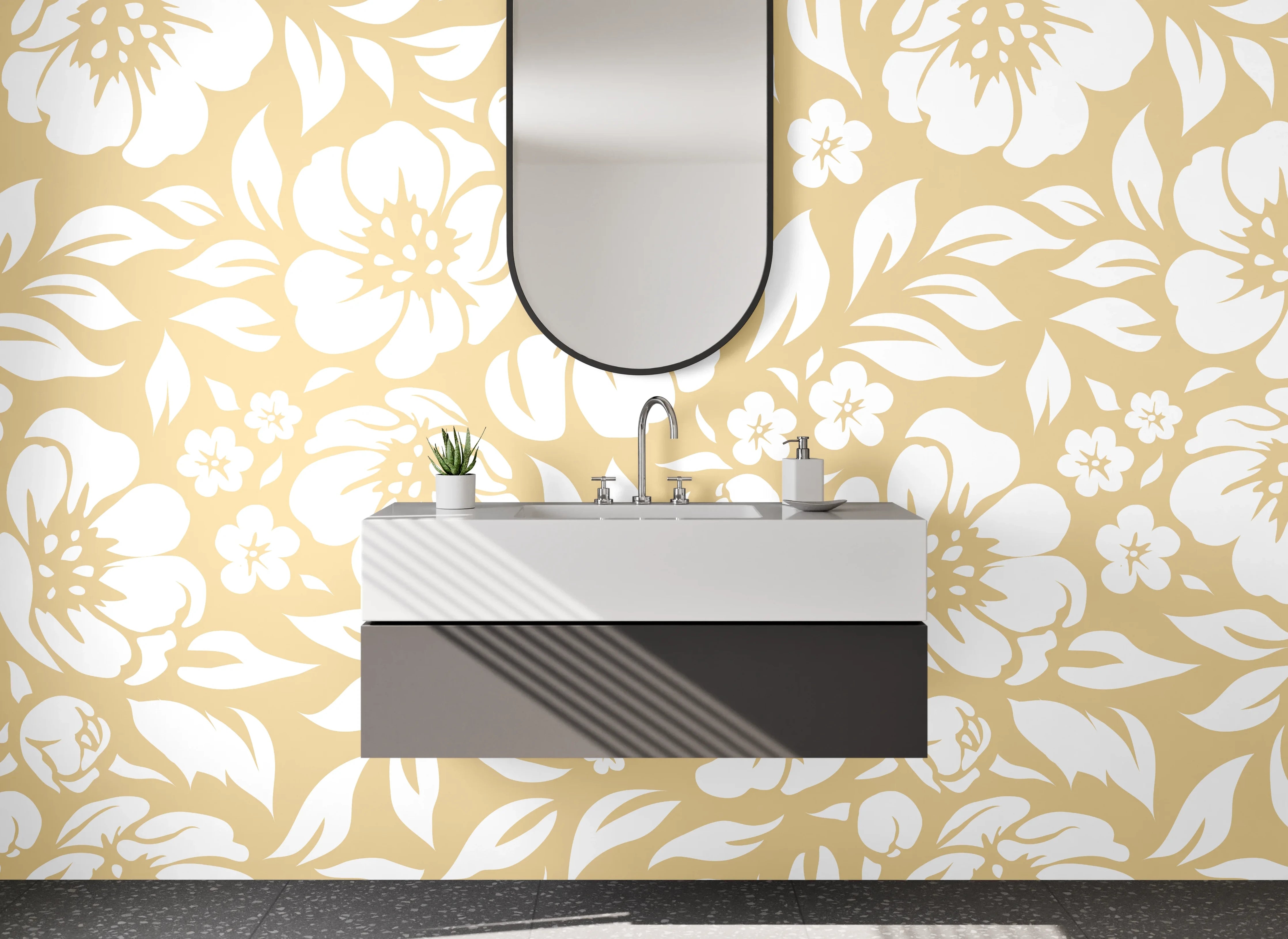 Waschbecken-Rückwand - Florales Blütenmuster Beige Weiß