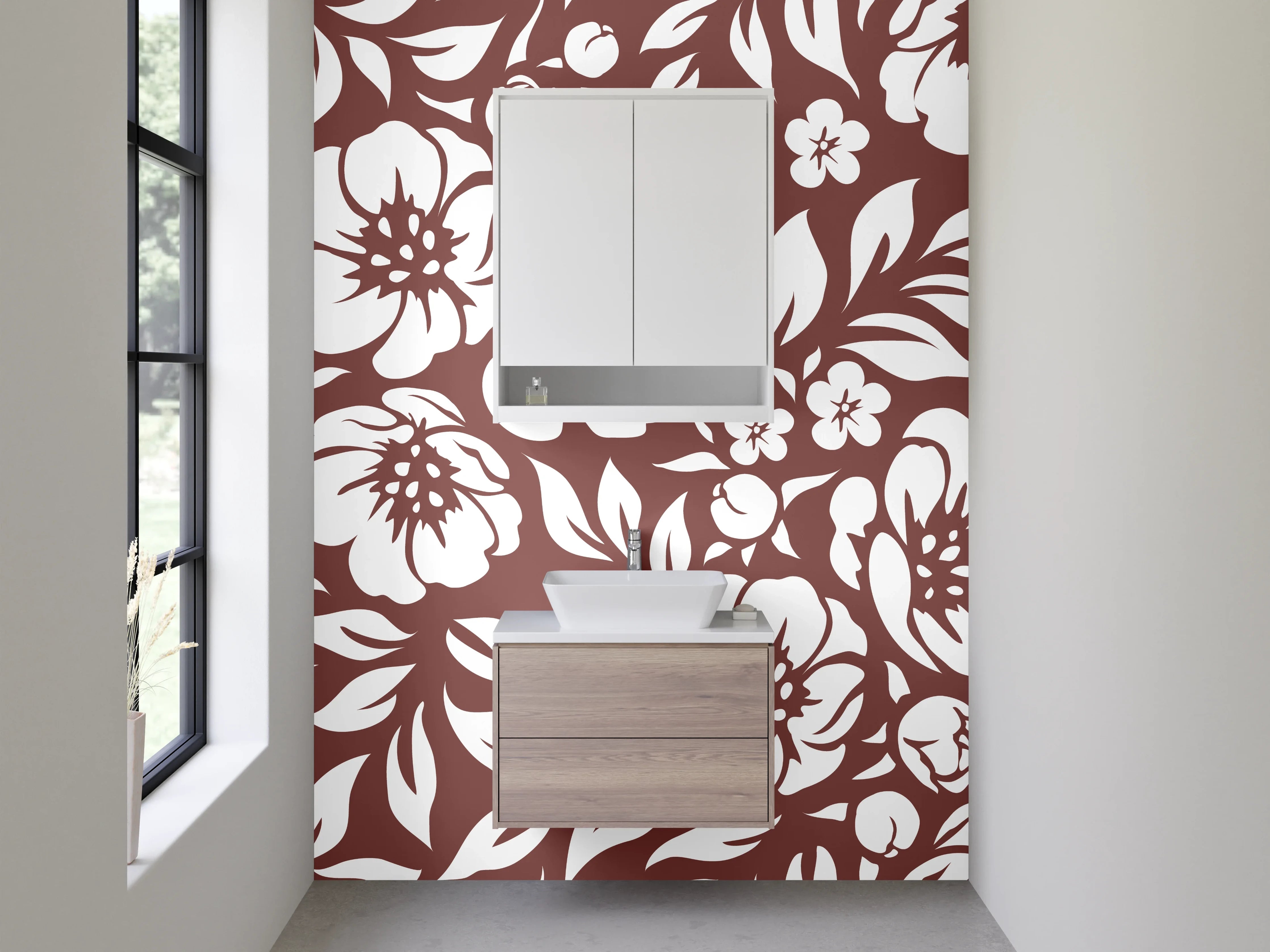 Waschbecken-Rückwand - Florales Blumen-Muster Braun Weiß