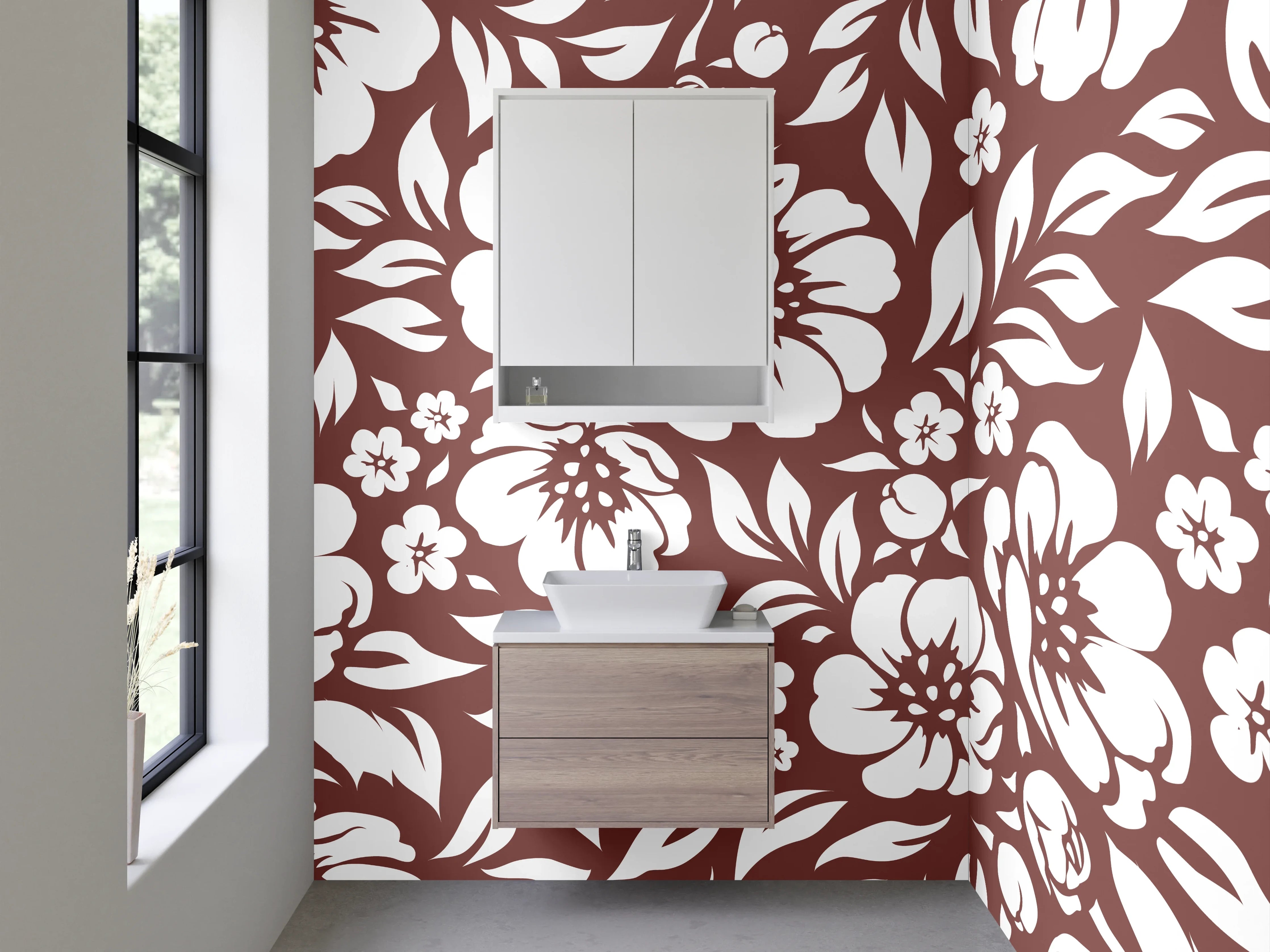Waschbecken-Rückwand - Florales Blumen-Muster Braun Weiß