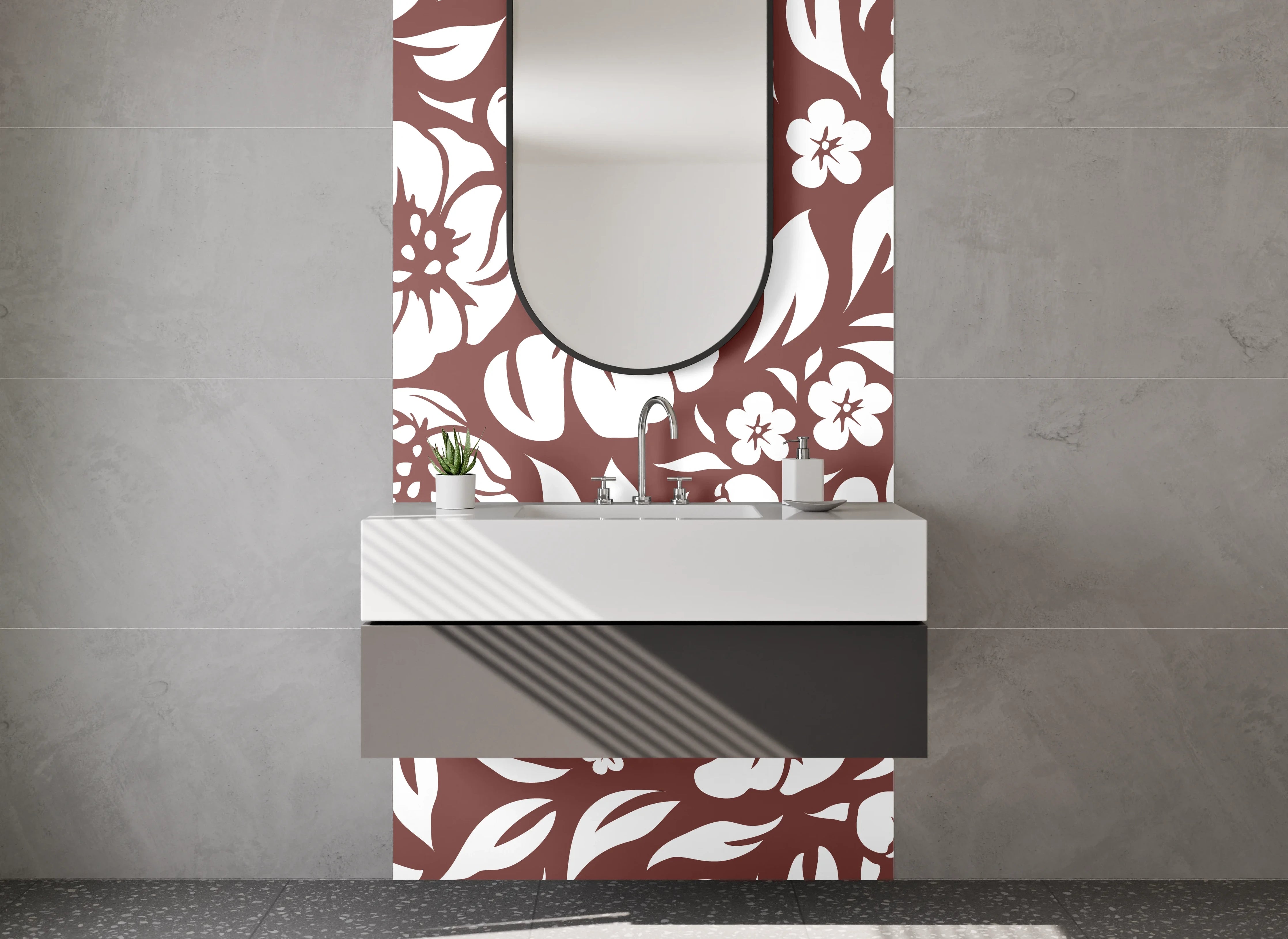 Waschbecken-Rückwand - Florales Blumen-Muster Braun Weiß