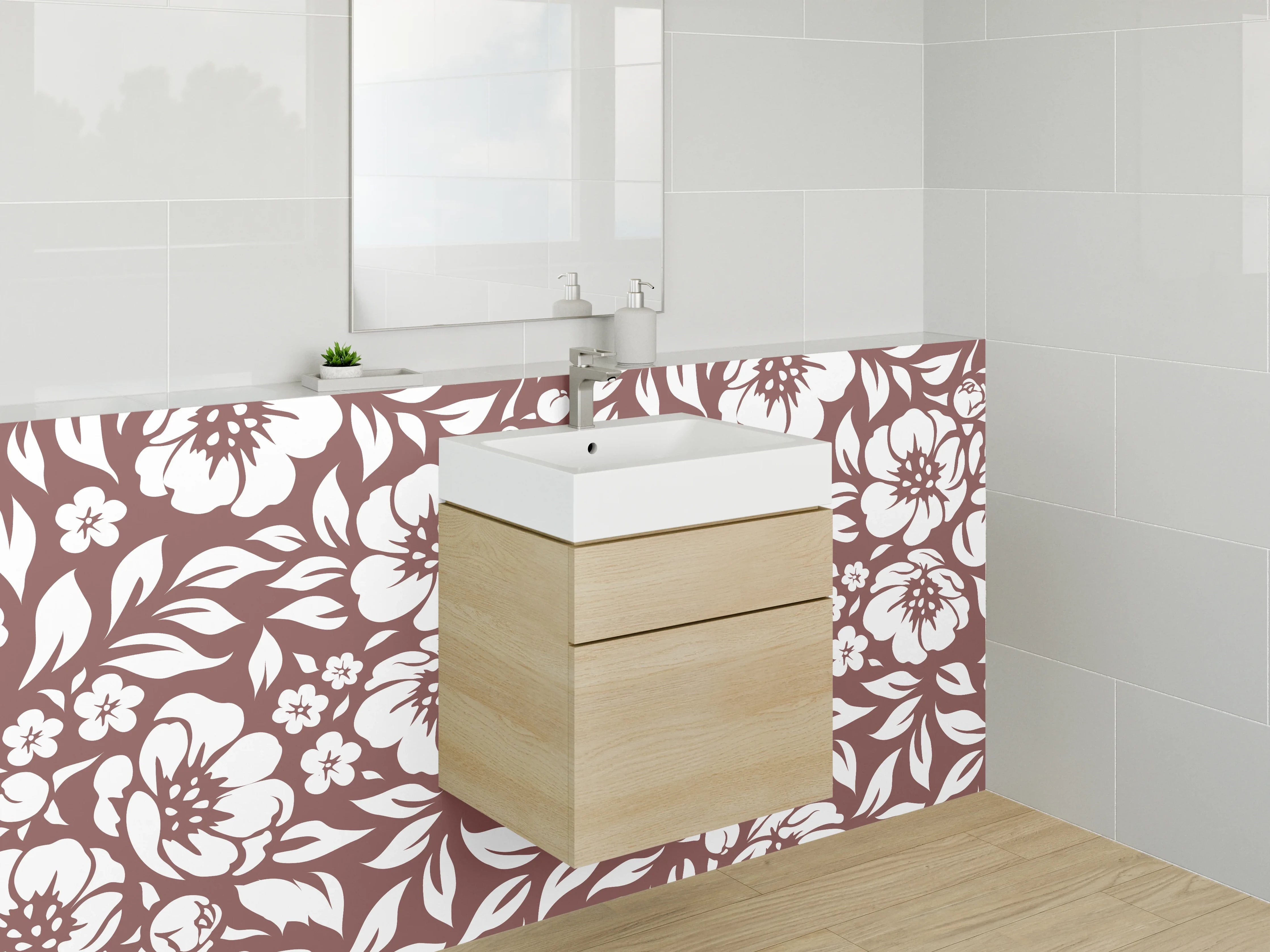Waschbecken-Rückwand - Florales Blumen-Muster Braun Weiß