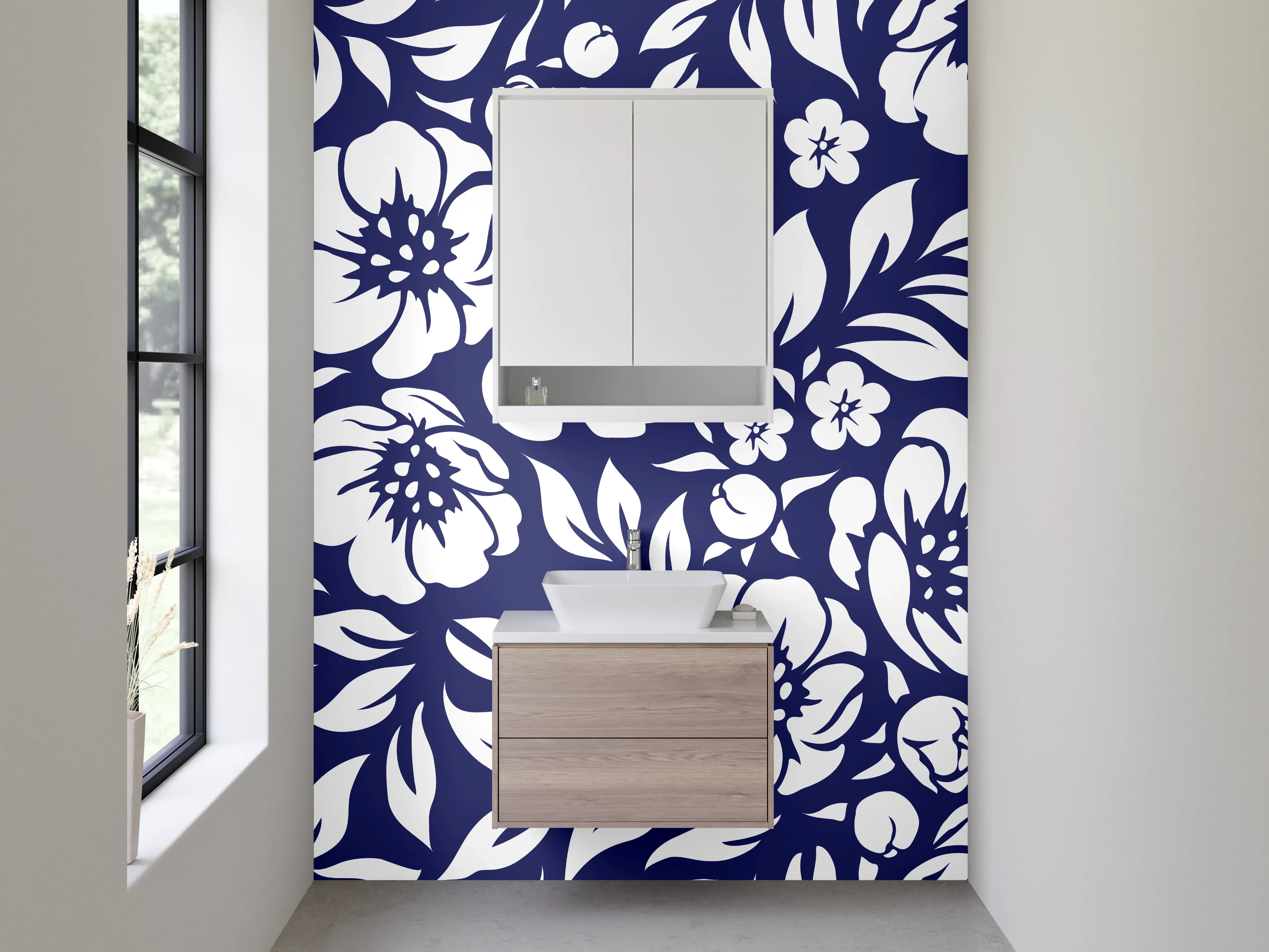 Waschbecken-Rückwand - Florales Blumenmuster Dunkelblau Weiß