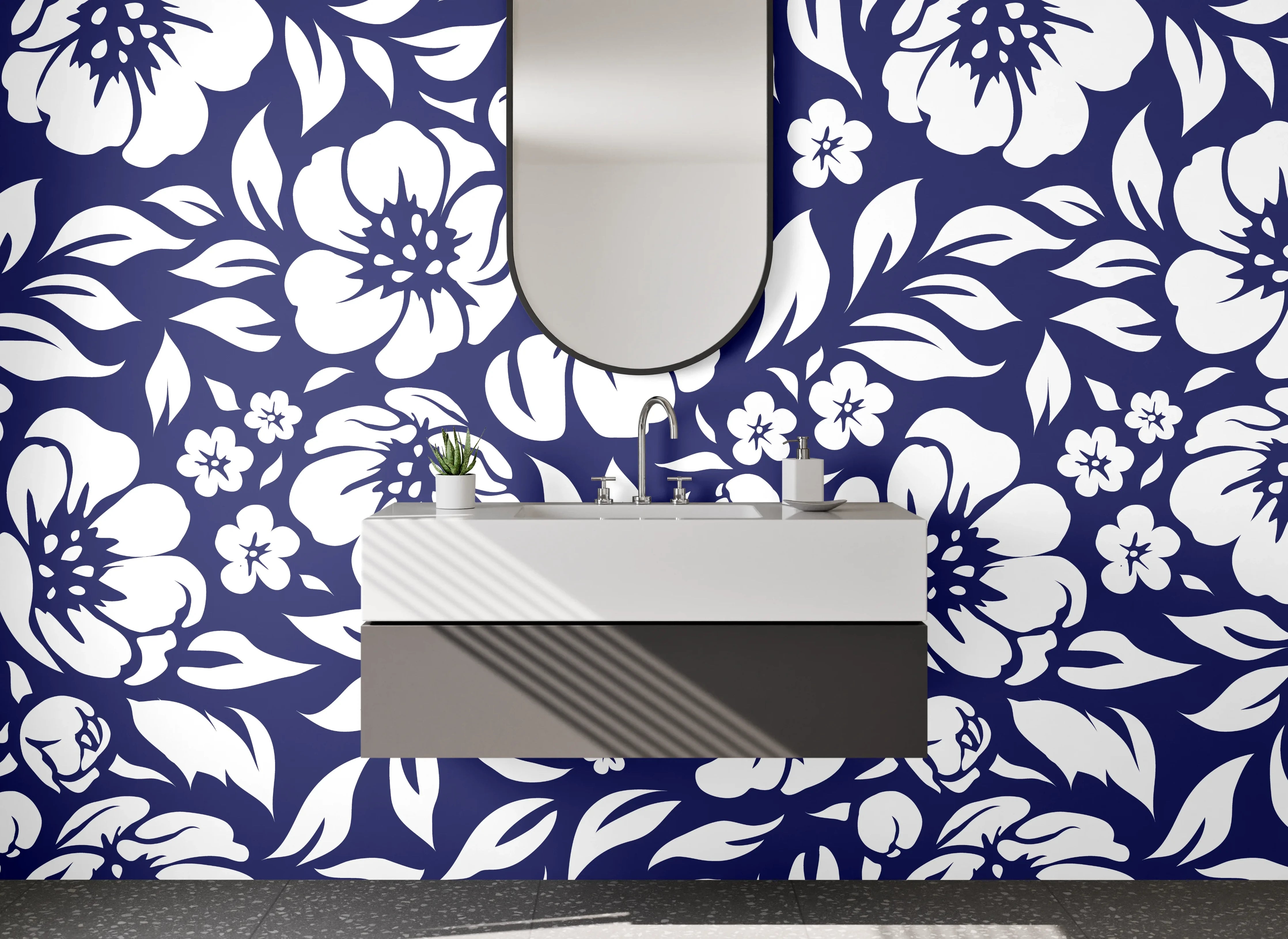 Waschbecken-Rückwand - Florales Blumenmuster Dunkelblau Weiß