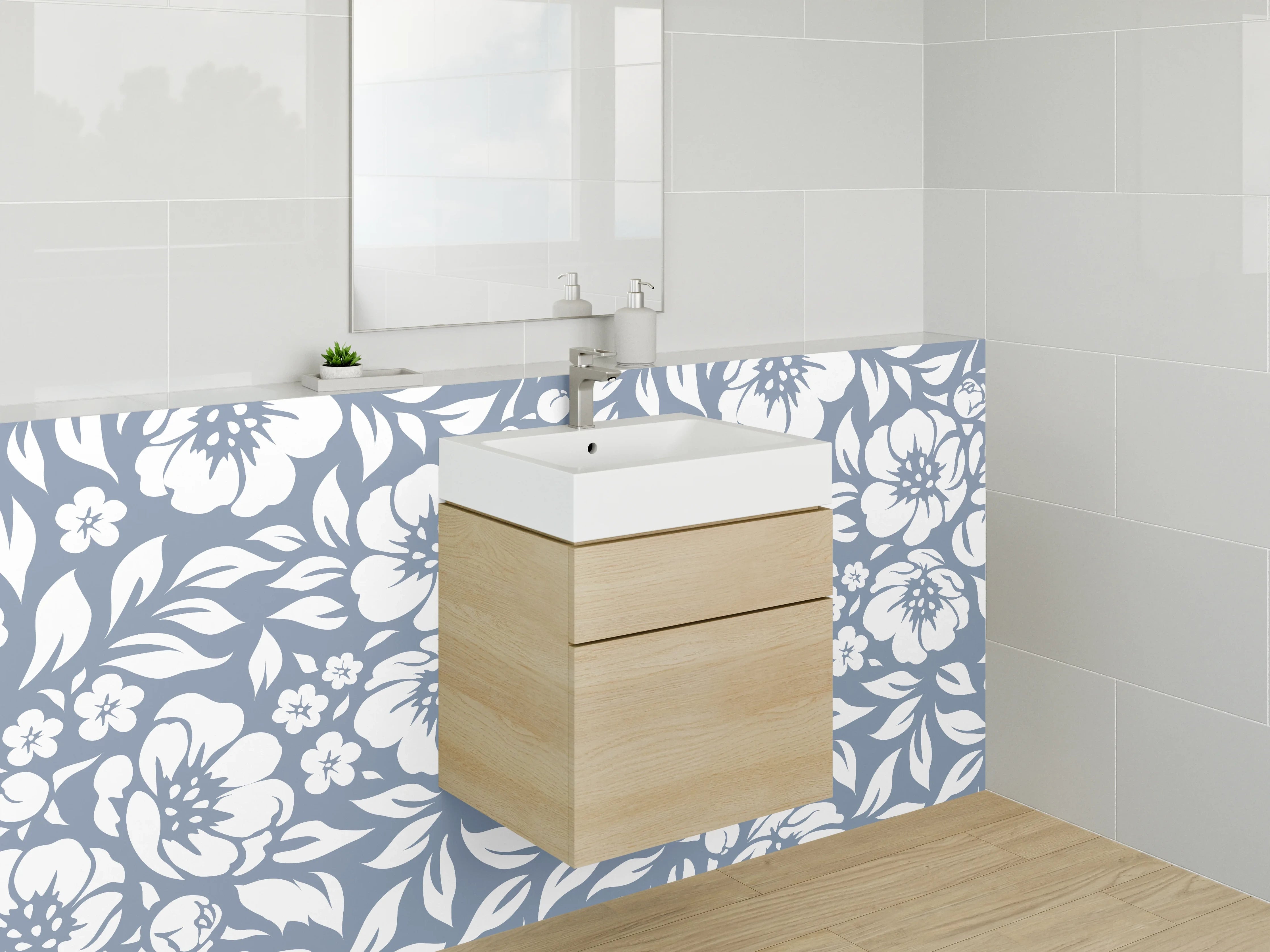 Waschbecken-Rückwand - Florales Blumenmuster Weiß auf Blau