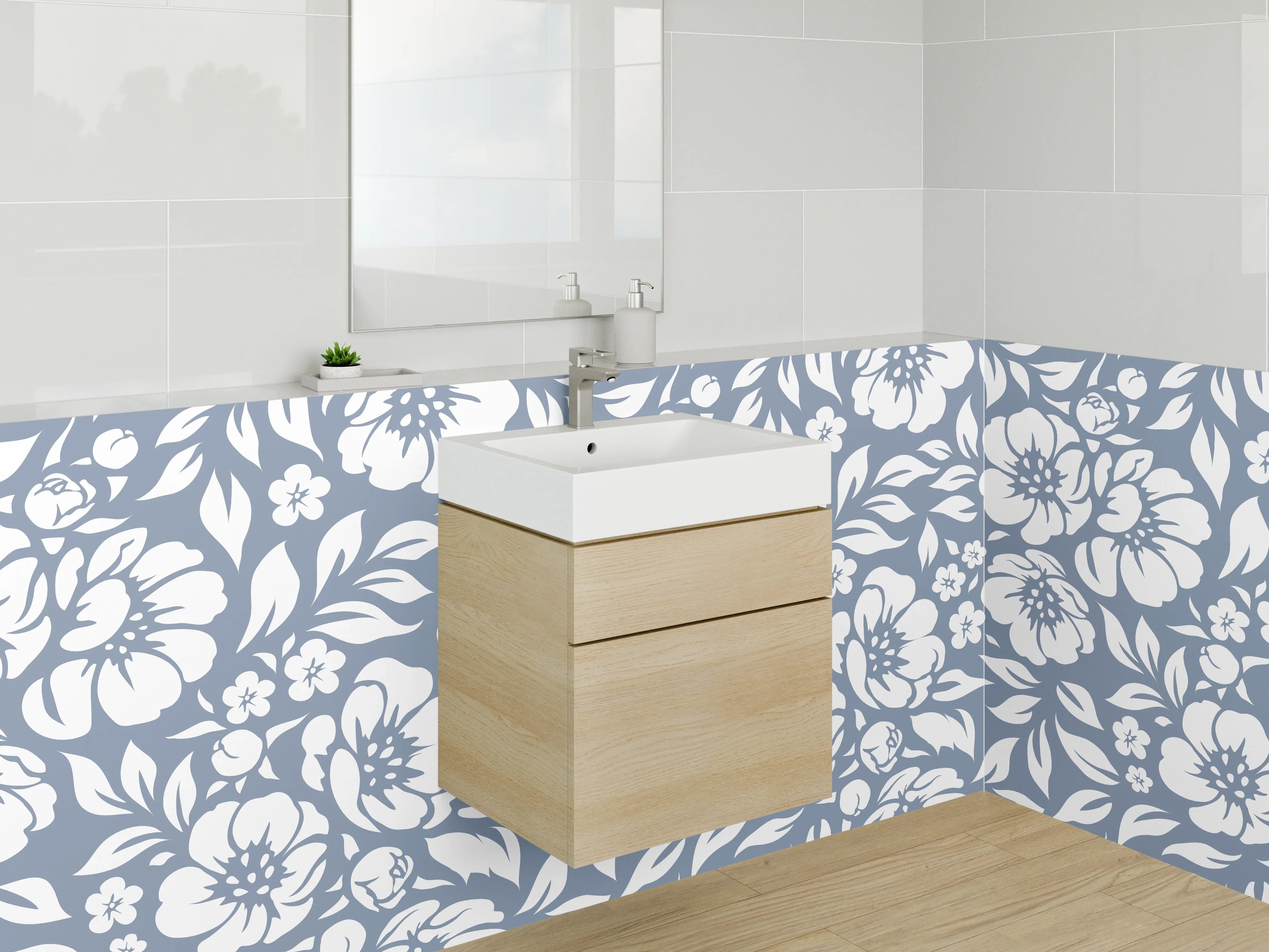 Waschbecken-Rückwand - Florales Blumenmuster Weiß auf Blau