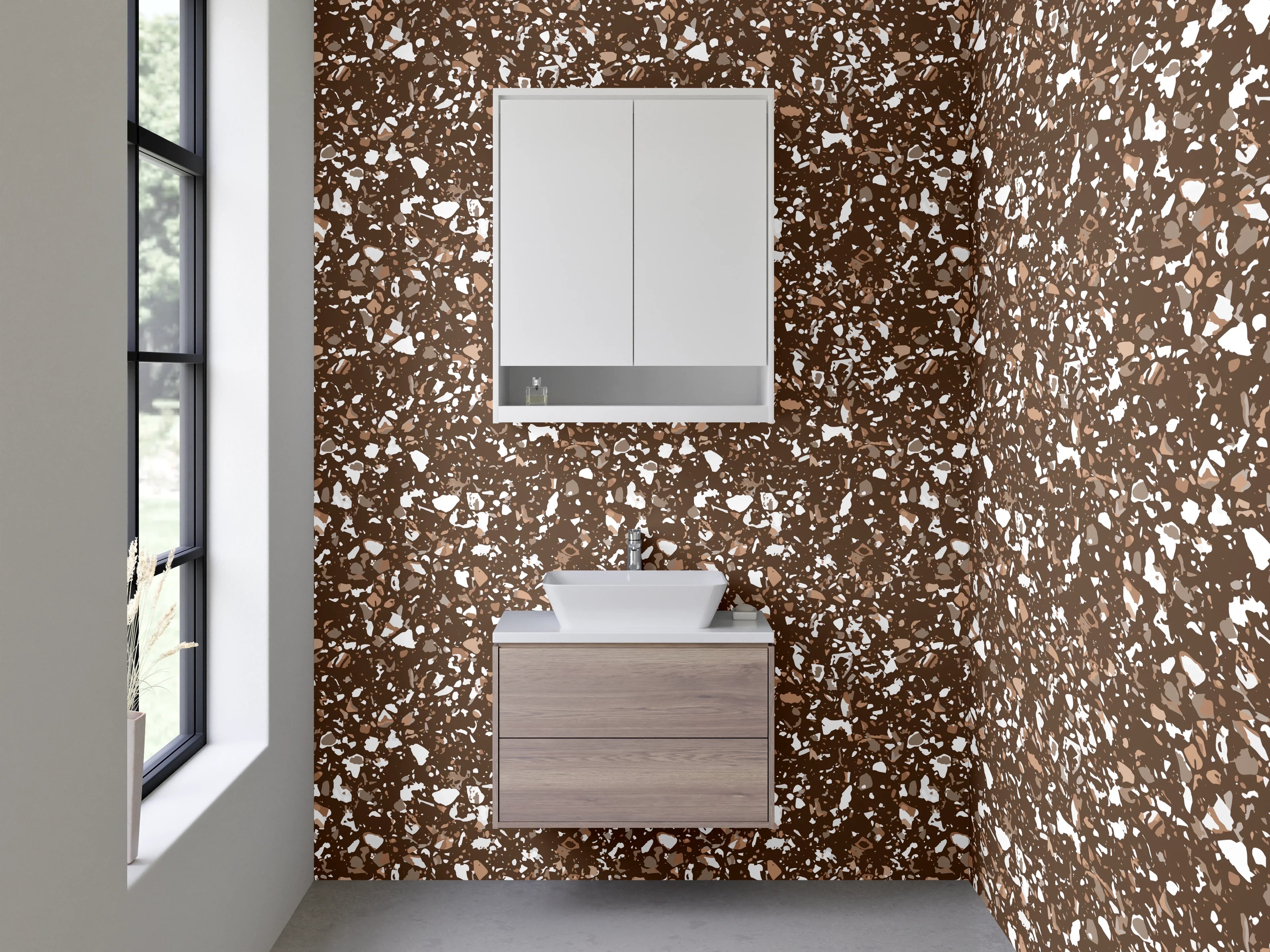 Waschbecken-Rückwand - Florales Braun-Weiß Blättermuster Dekor