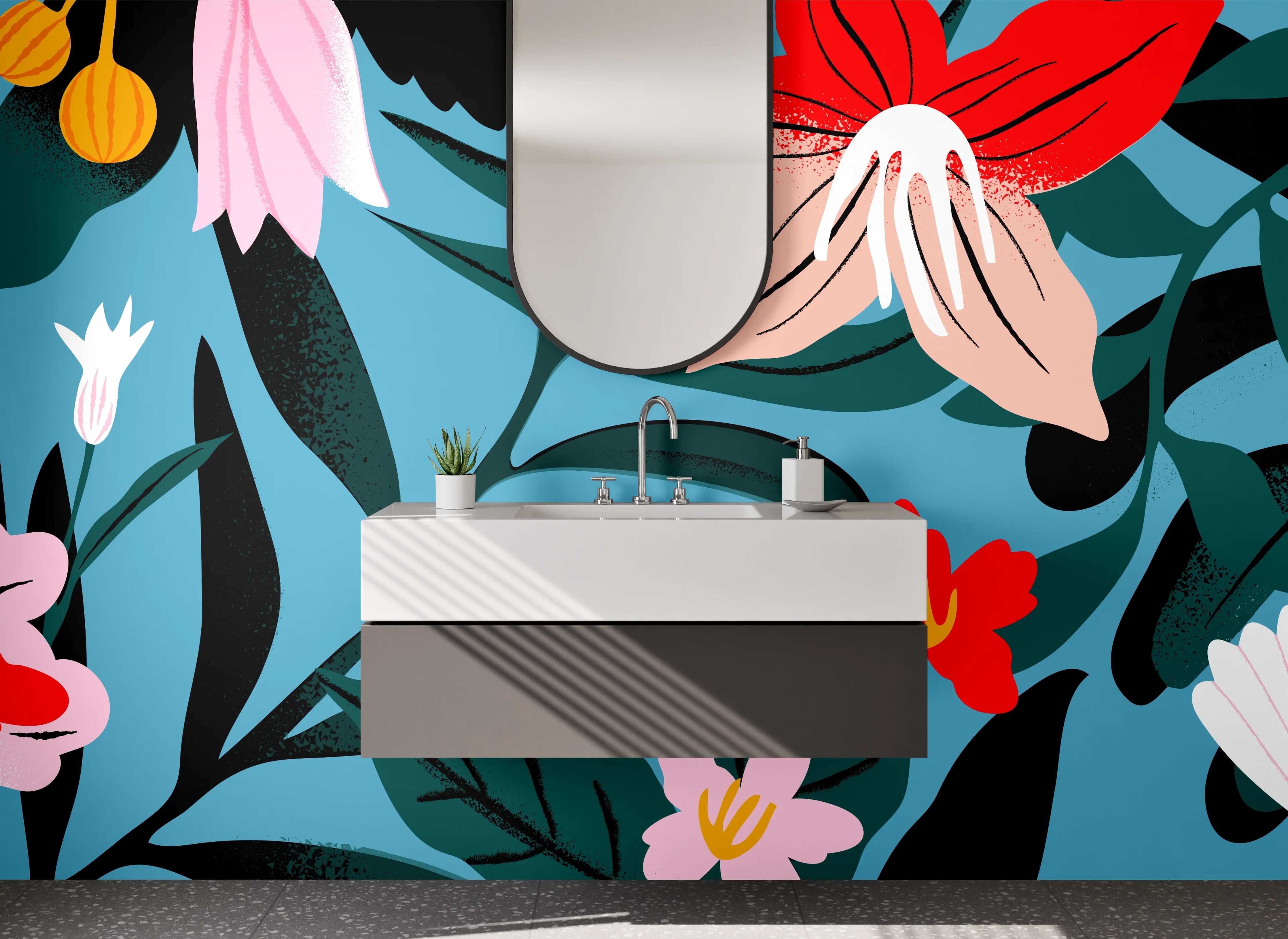Waschbecken-Rückwand - Florales Design Illustration modern bunt
