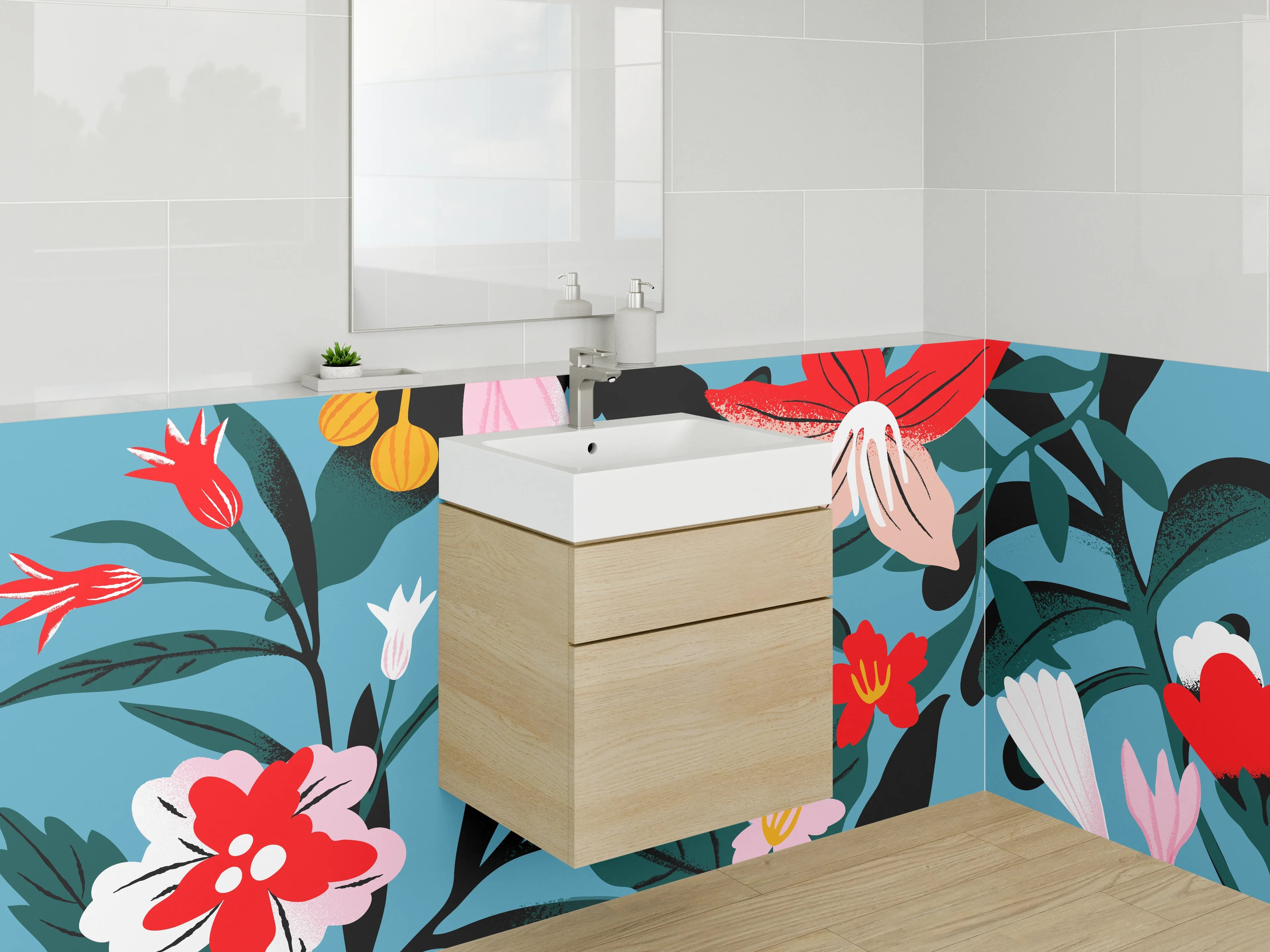 Waschbecken-Rückwand - Florales Design Illustration modern bunt