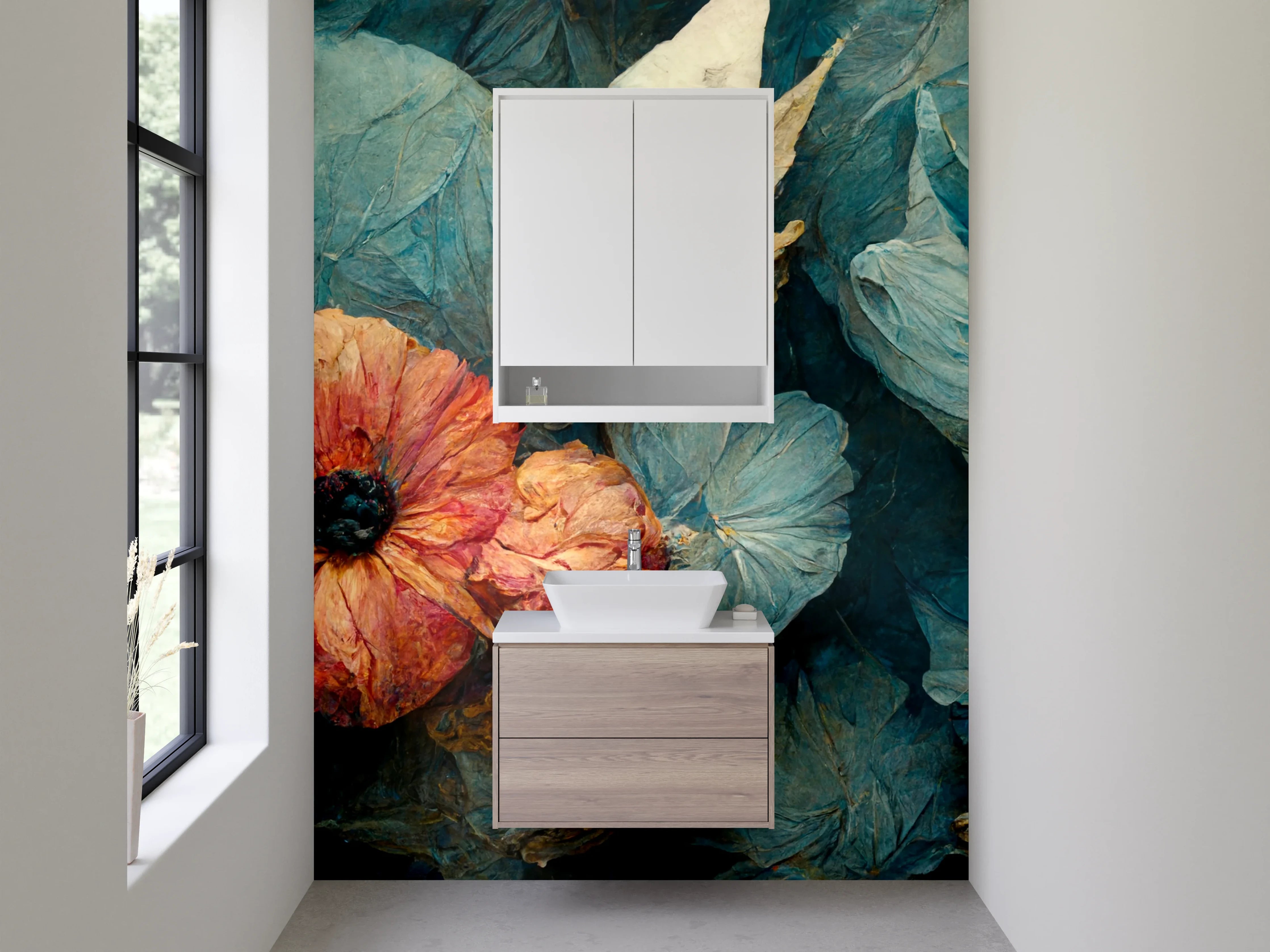 Waschbecken-Rückwand - Florales Kunstwerk in Blau und Orange