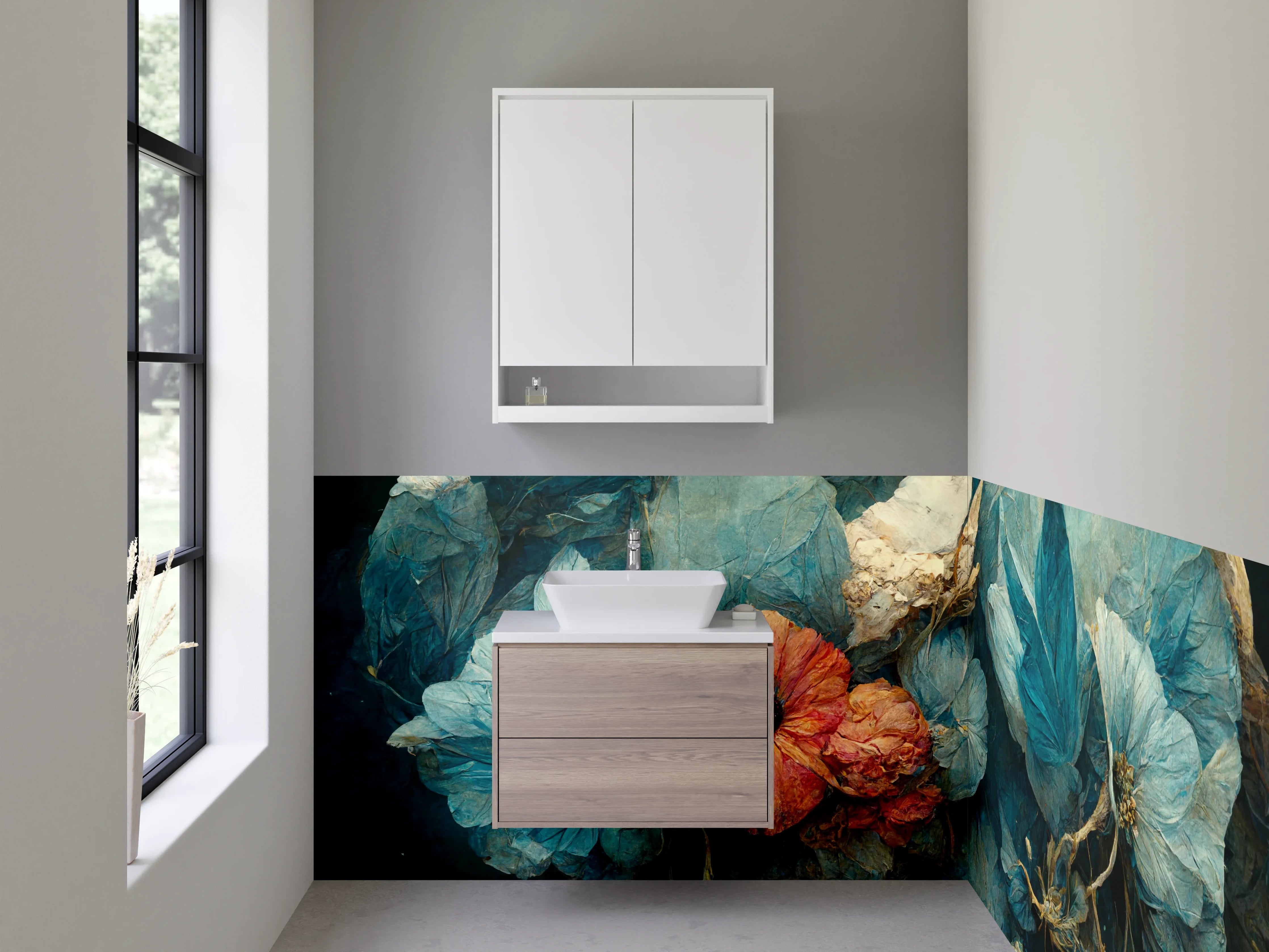 Waschbecken-Rückwand - Florales Kunstwerk in Blau und Orange