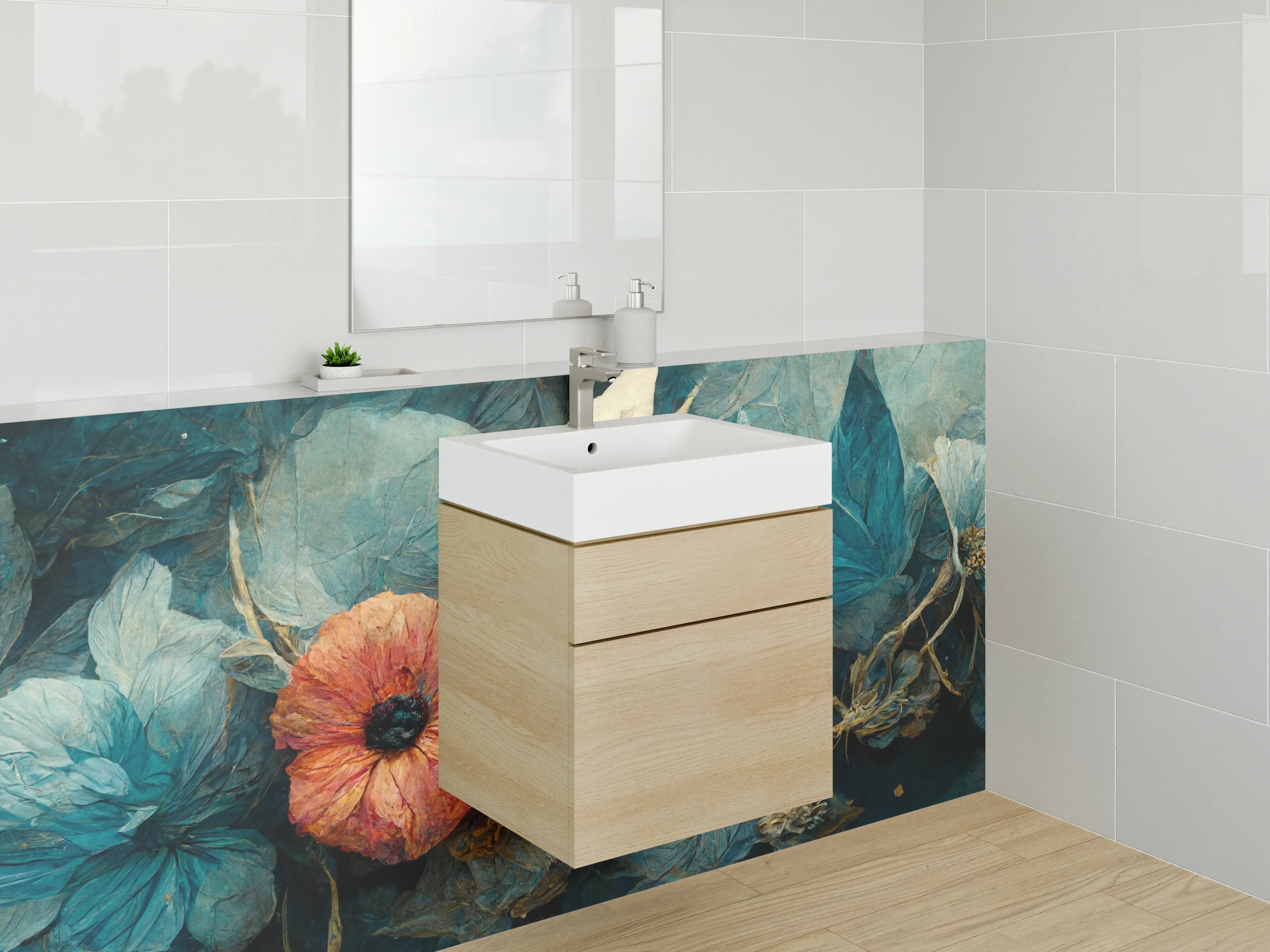 Waschbecken-Rückwand - Florales Kunstwerk in Blau und Orange