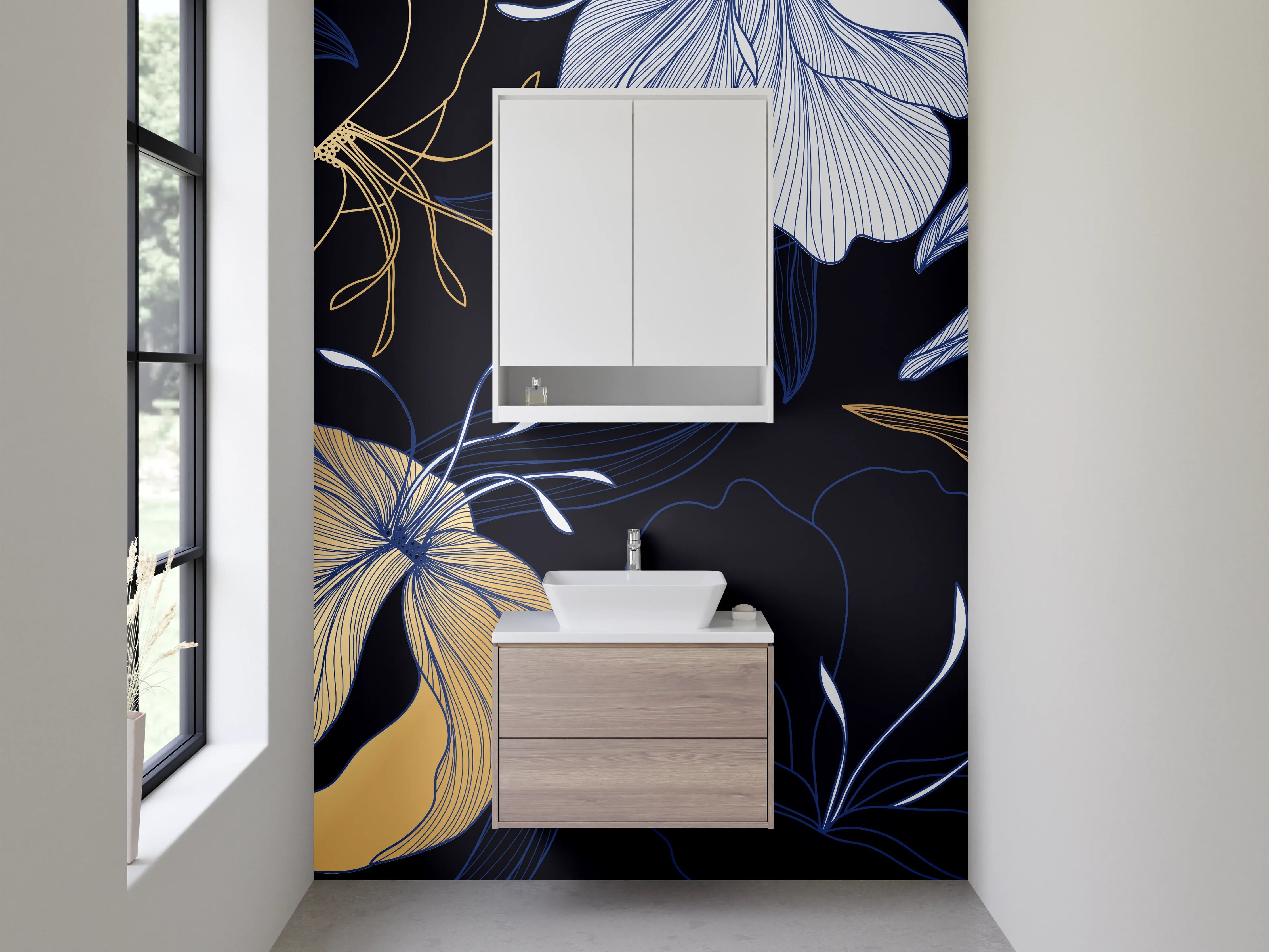 Waschbecken-Rückwand - Florales Lineart Design in Gold und Blau