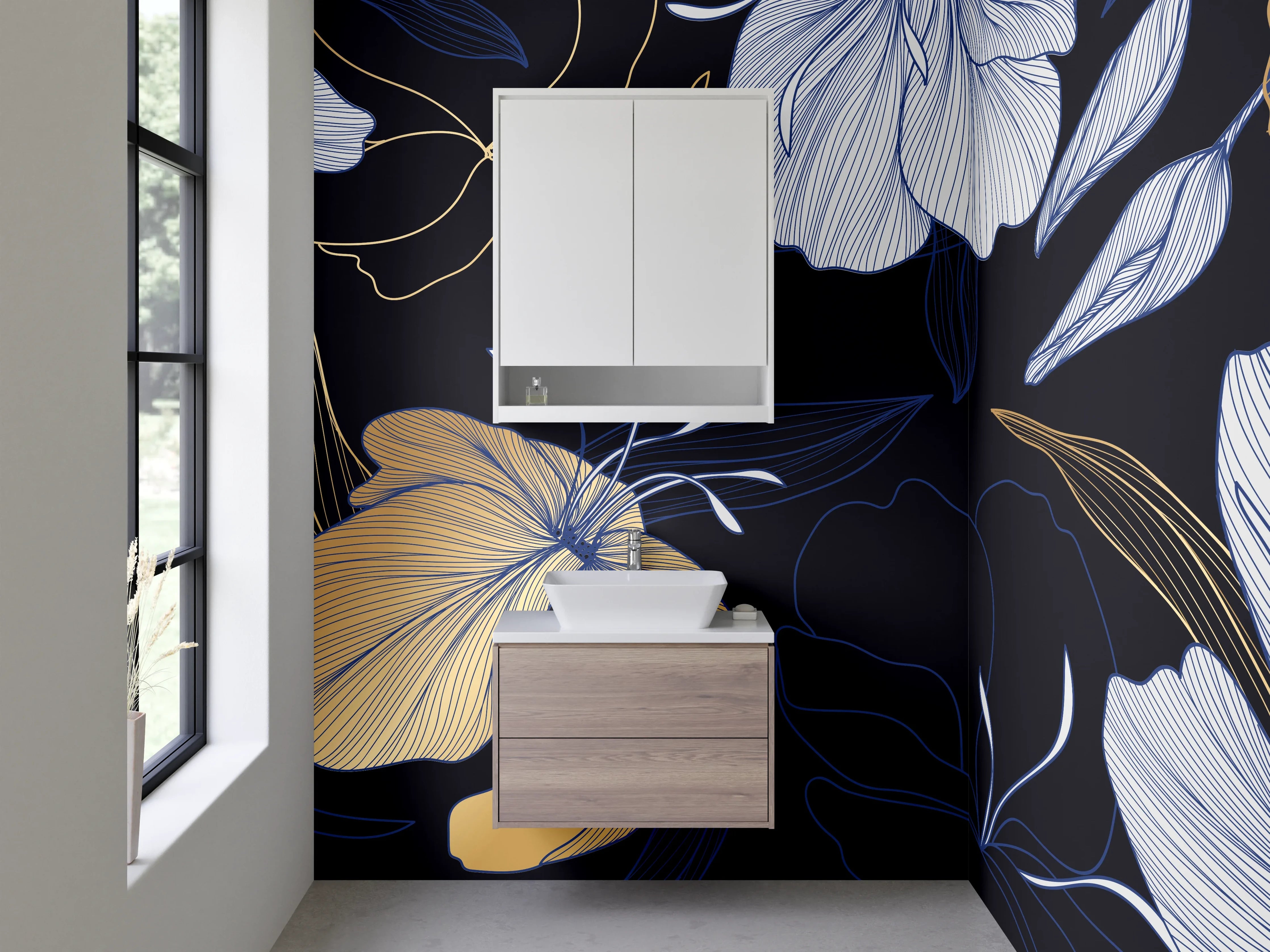 Waschbecken-Rückwand - Florales Lineart Design in Gold und Blau
