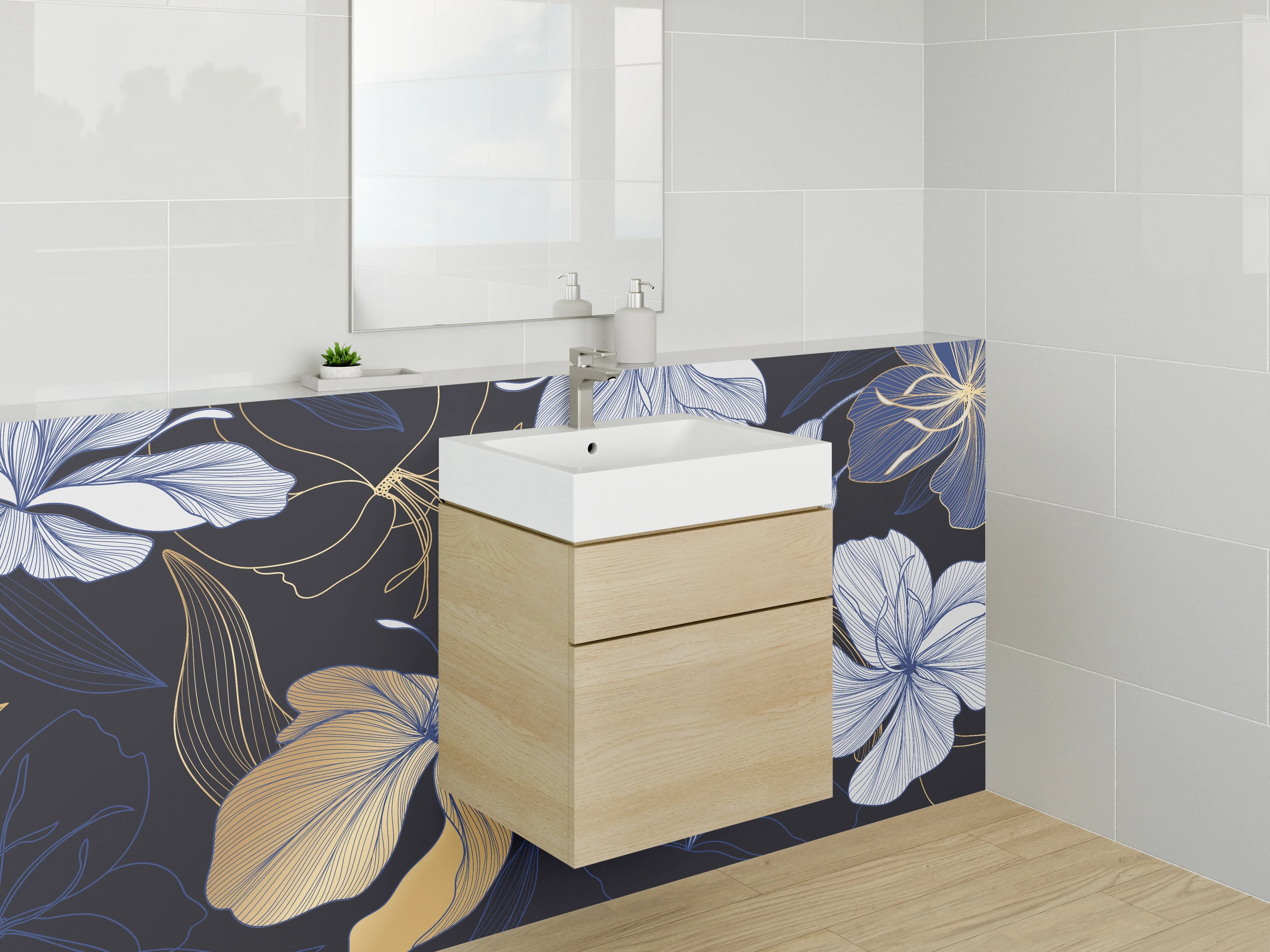 Waschbecken-Rückwand - Florales Lineart Design in Gold und Blau
