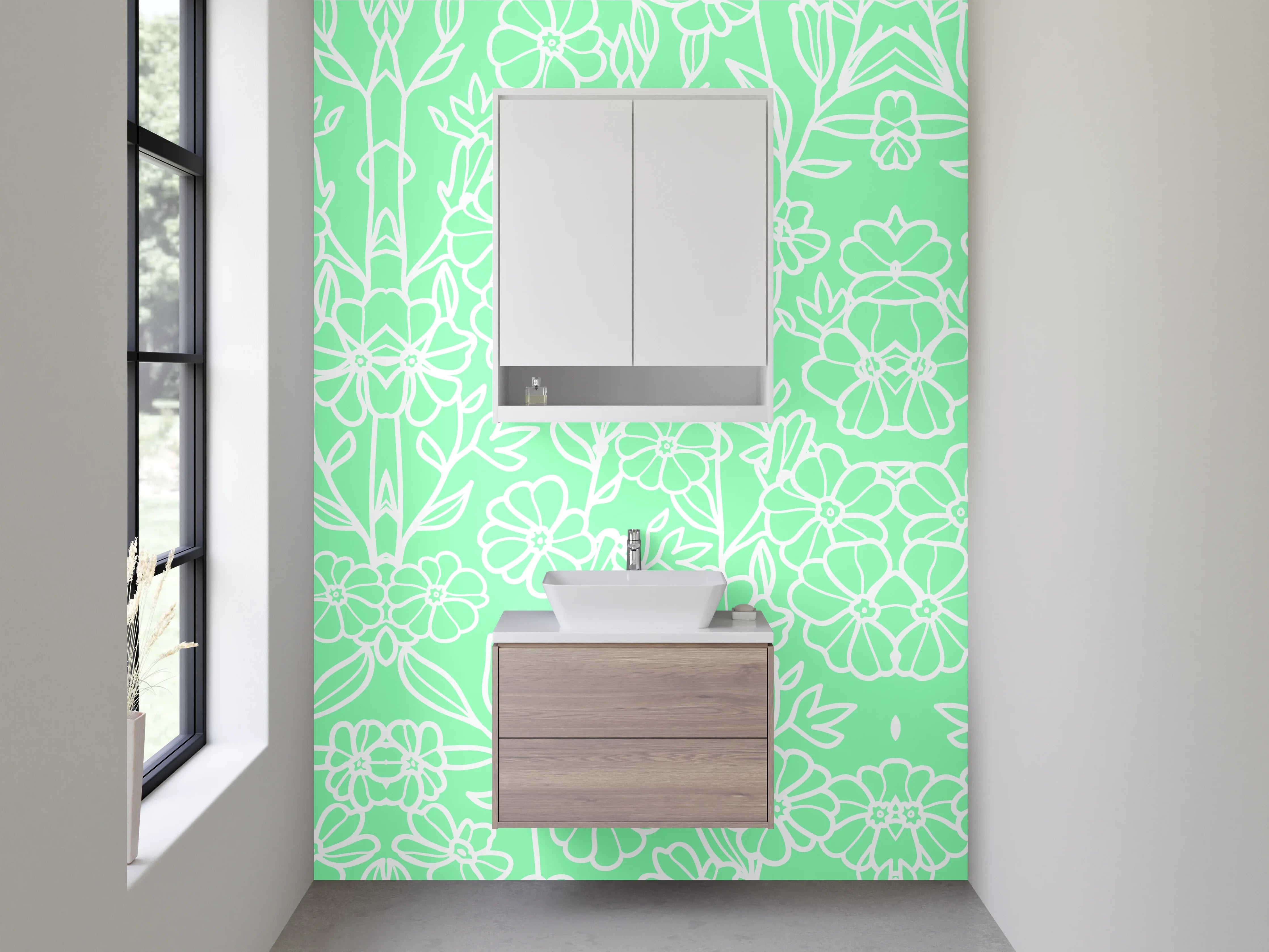 Waschbecken-Rückwand - Florales Lineart-Muster Mintgrün Weiß
