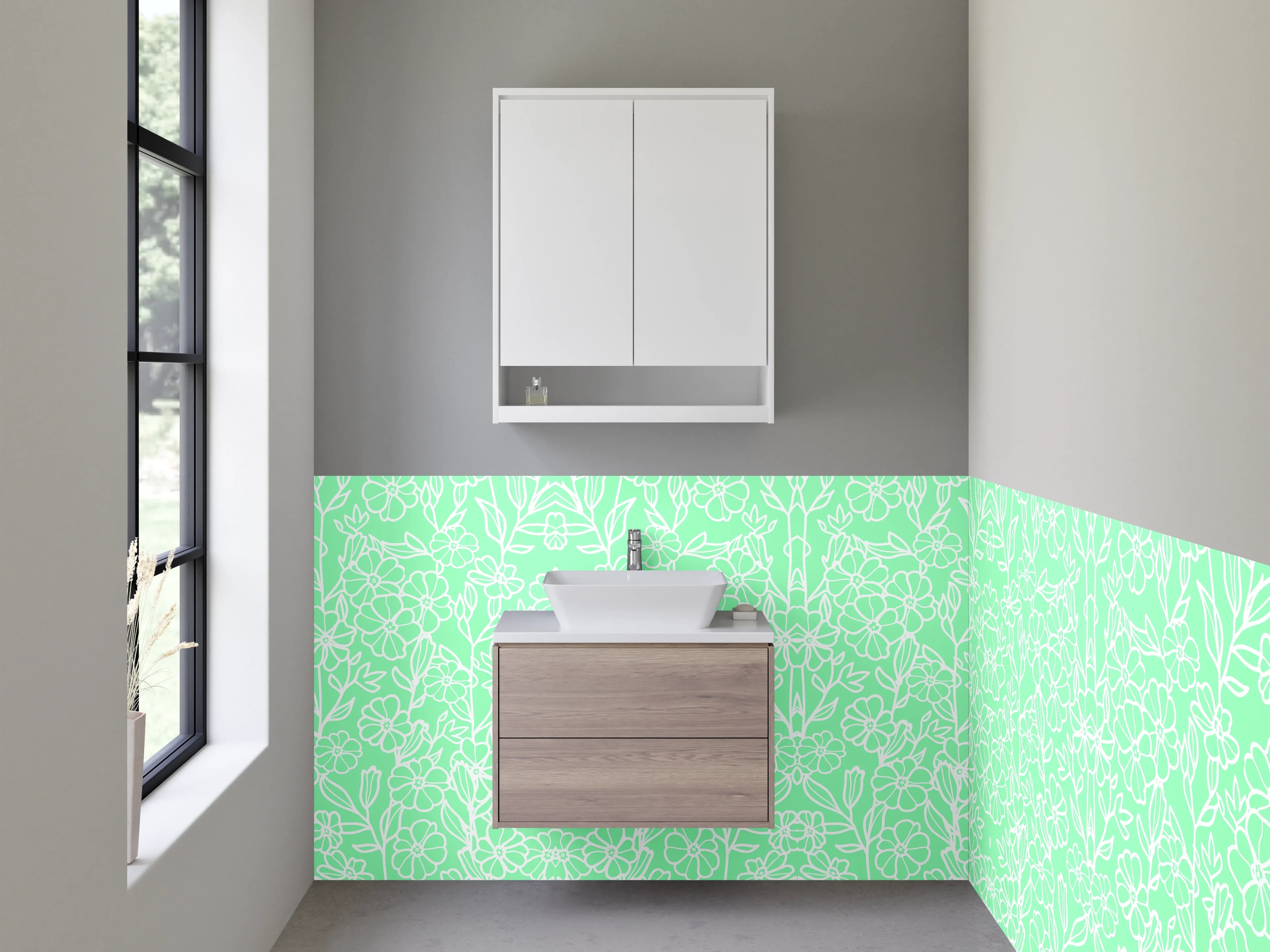 Waschbecken-Rückwand - Florales Lineart-Muster Mintgrün Weiß