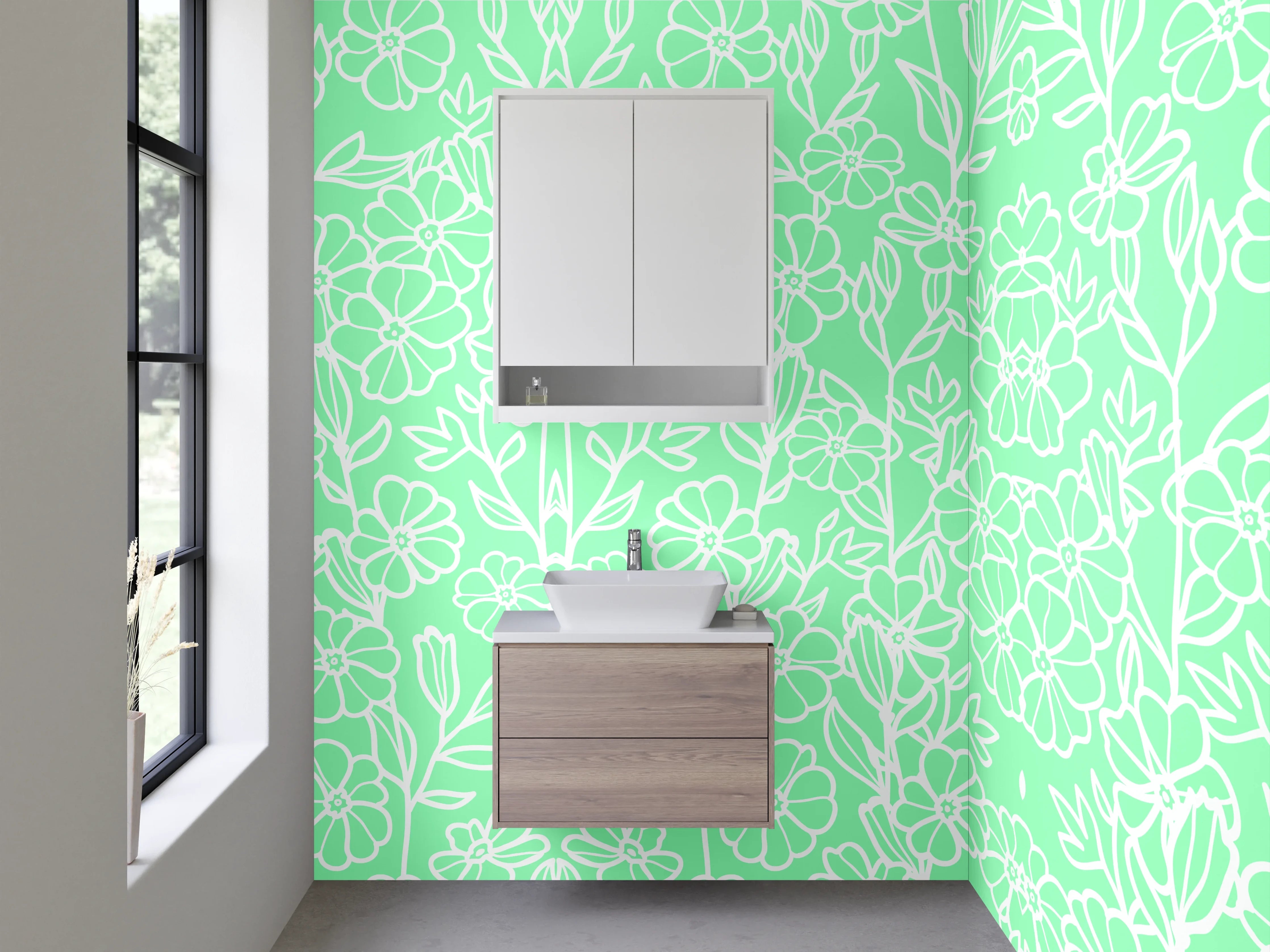 Waschbecken-Rückwand - Florales Lineart-Muster Mintgrün Weiß