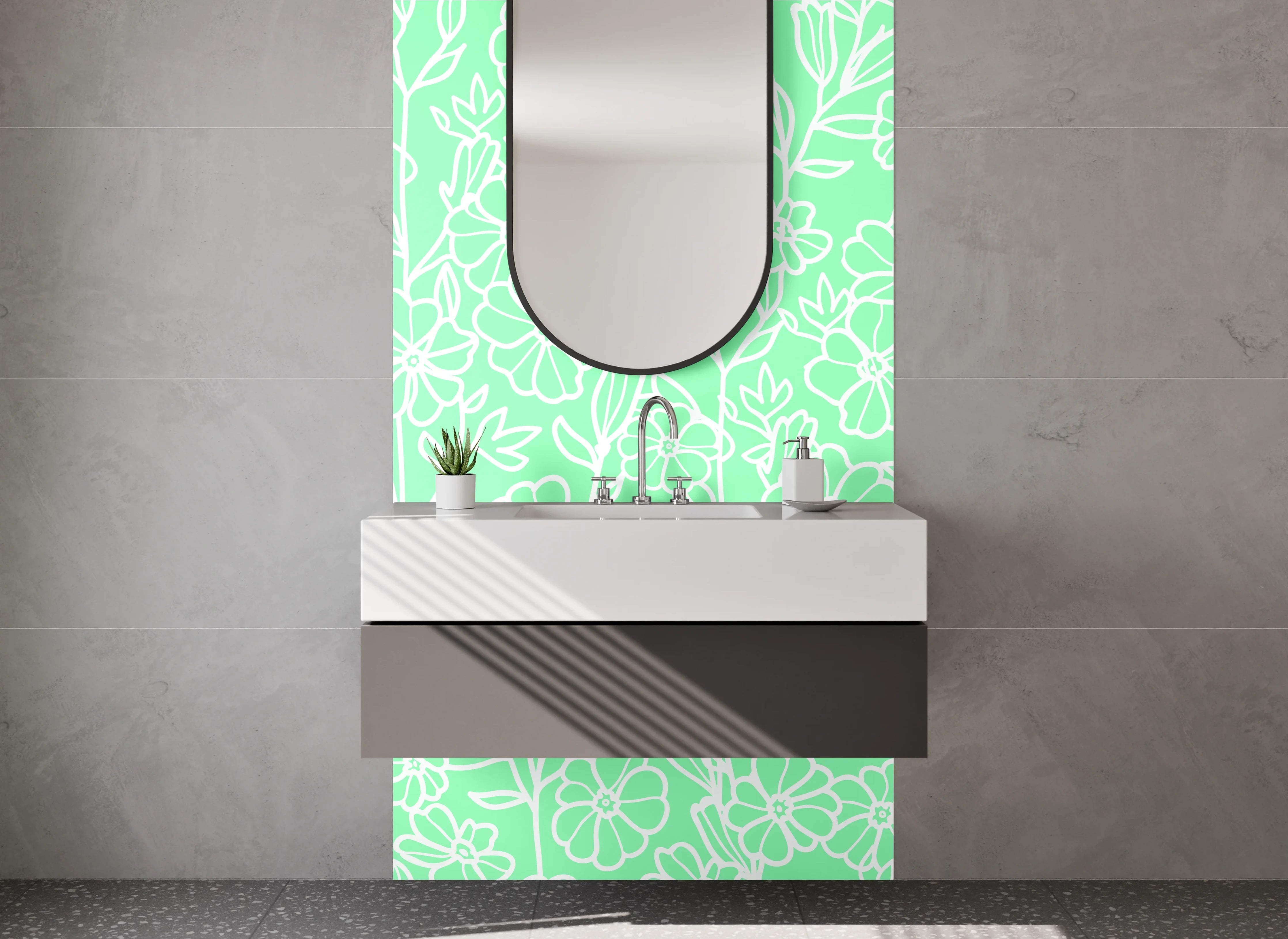 Waschbecken-Rückwand - Florales Lineart-Muster Mintgrün Weiß