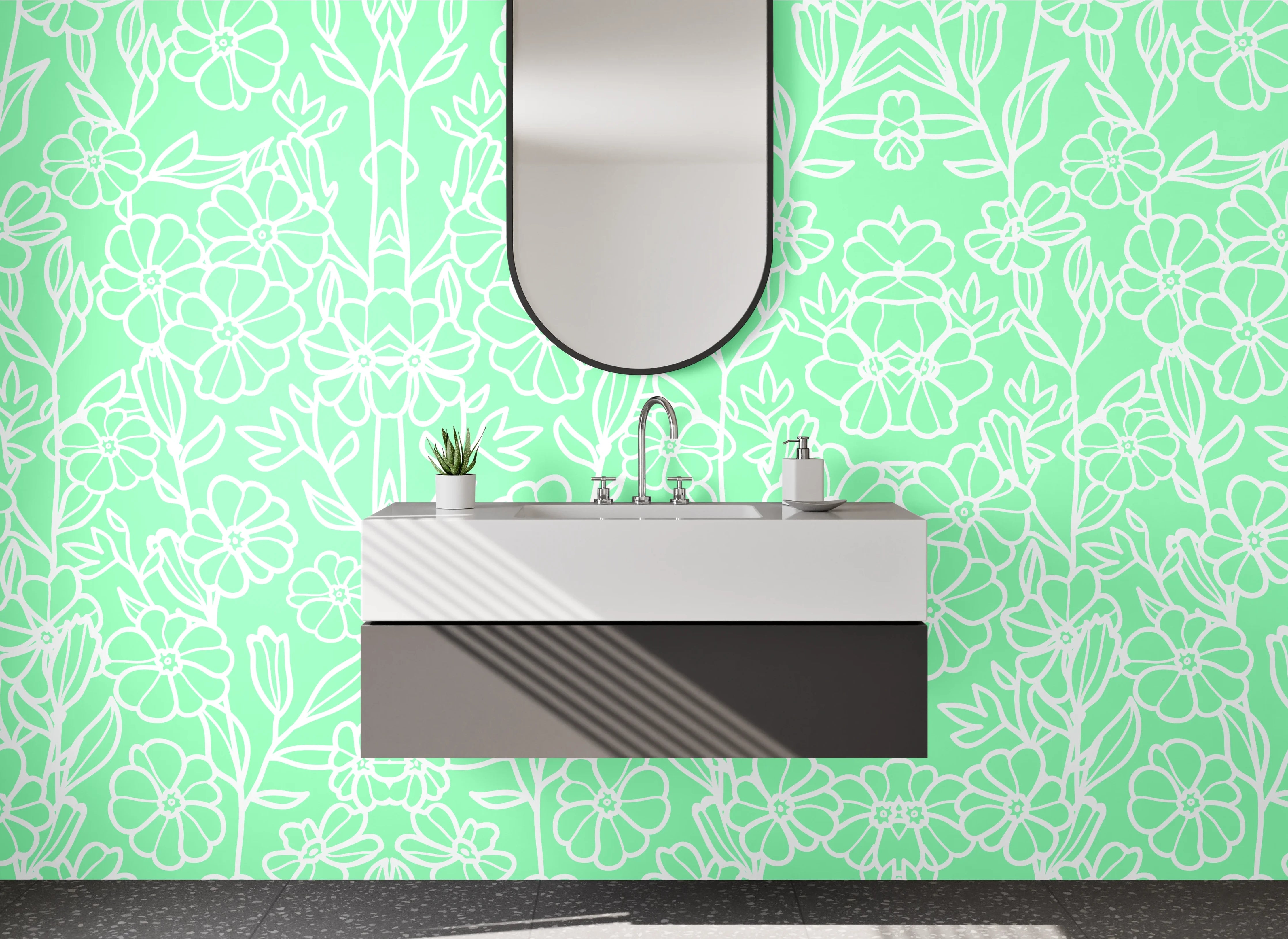 Waschbecken-Rückwand - Florales Lineart-Muster Mintgrün Weiß