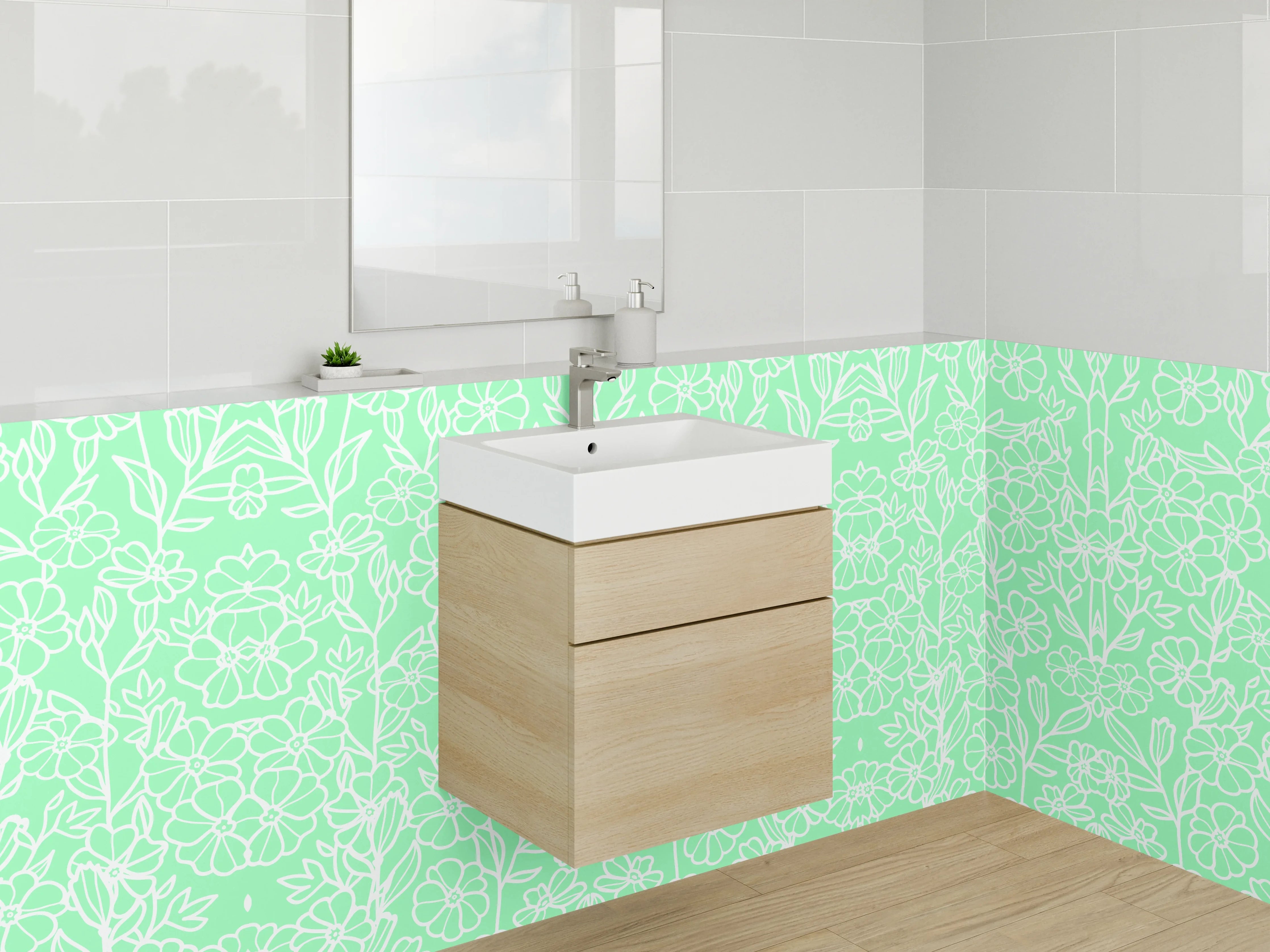 Waschbecken-Rückwand - Florales Lineart-Muster Mintgrün Weiß