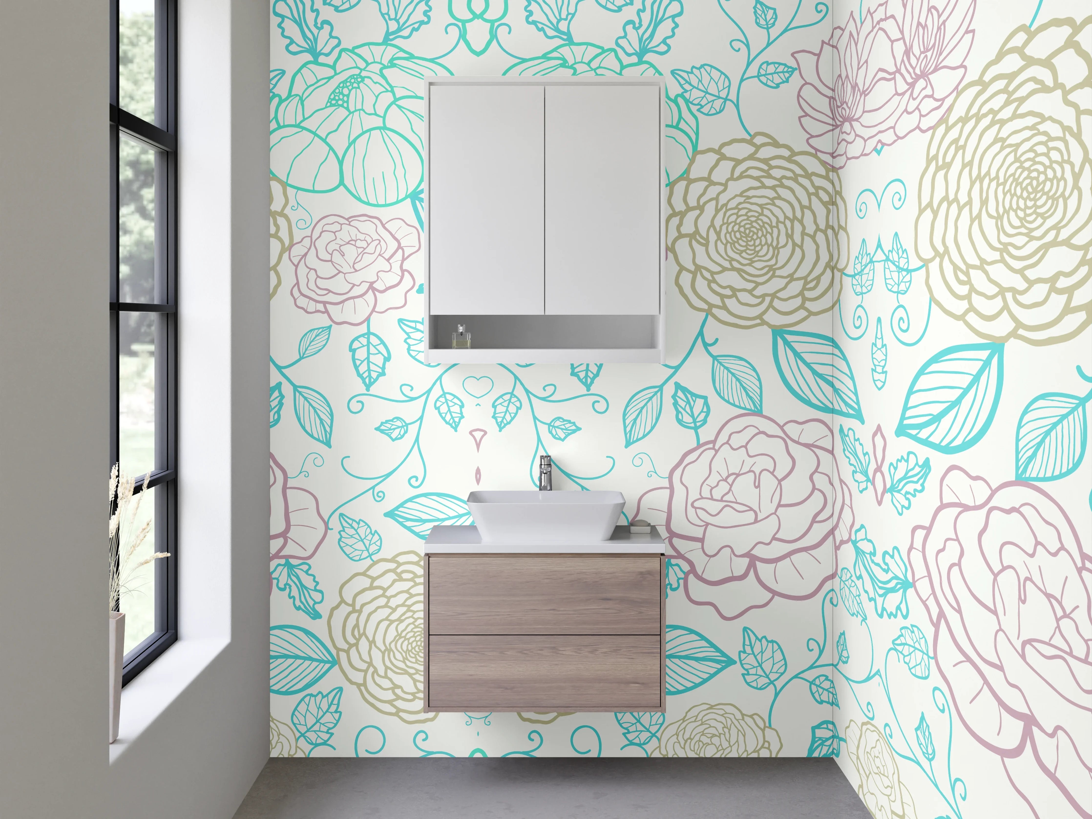 Waschbecken-Rückwand - Florales Lineart Muster Pastell