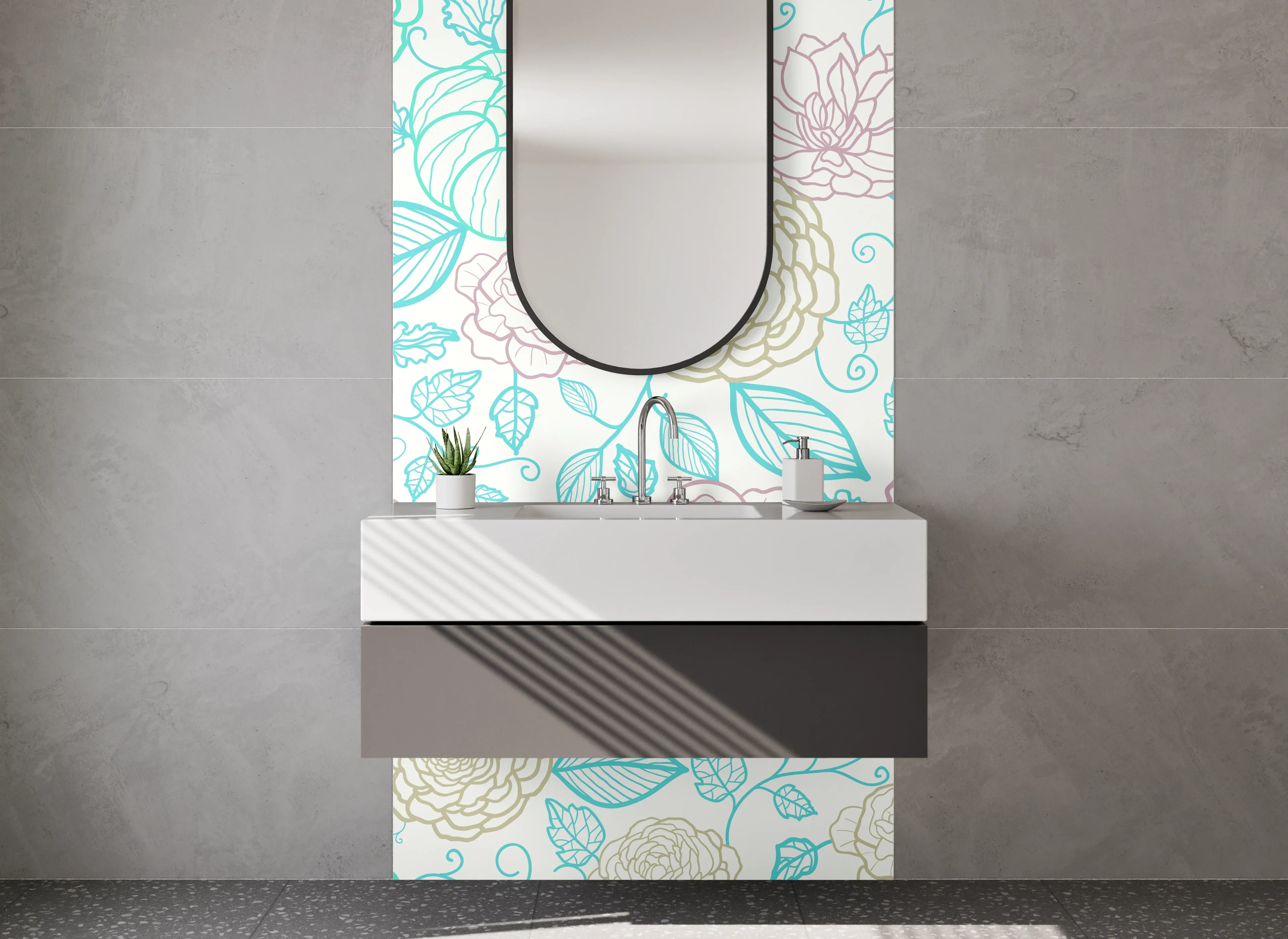 Waschbecken-Rückwand - Florales Lineart Muster Pastell