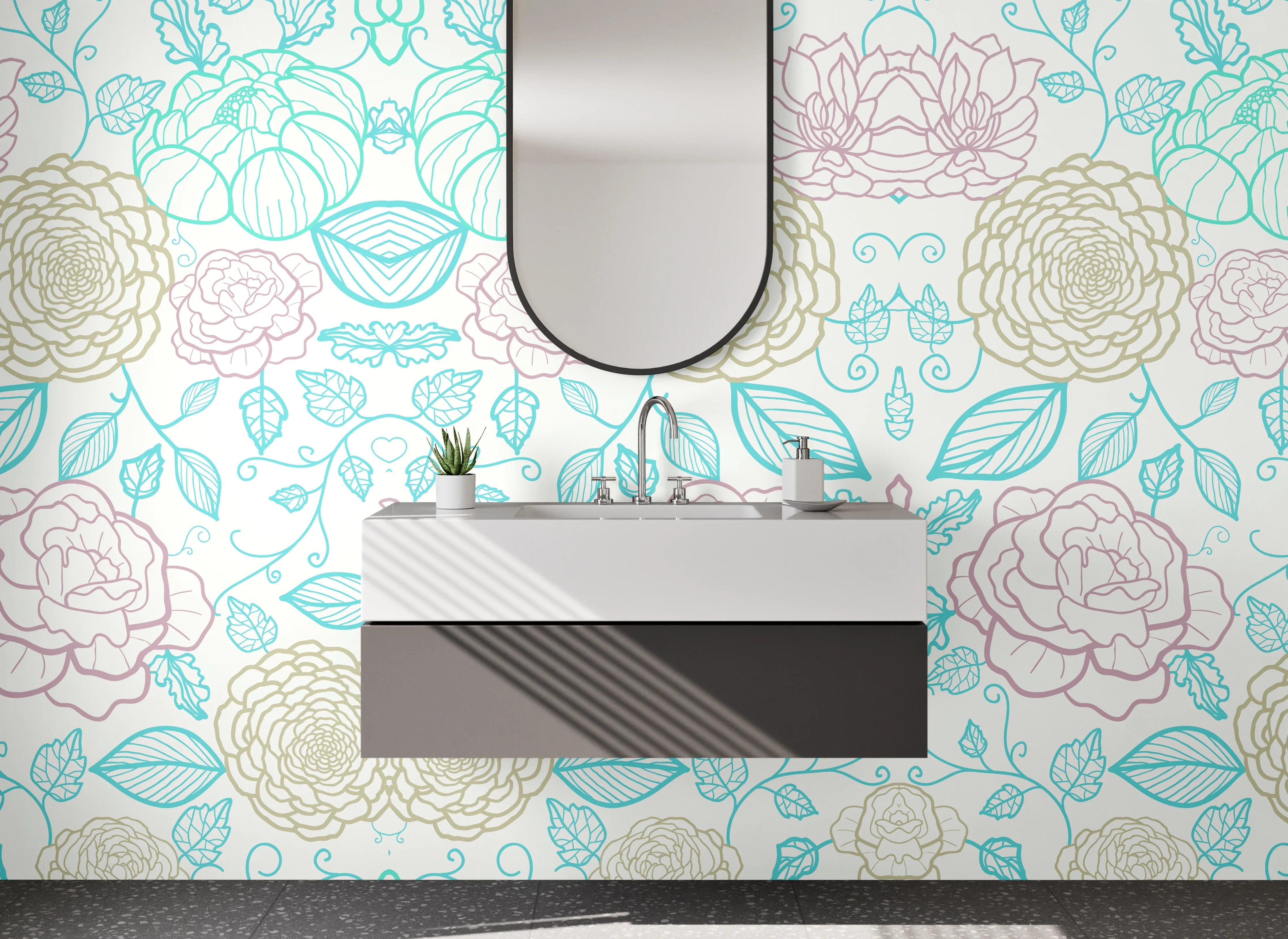 Waschbecken-Rückwand - Florales Lineart Muster Pastell
