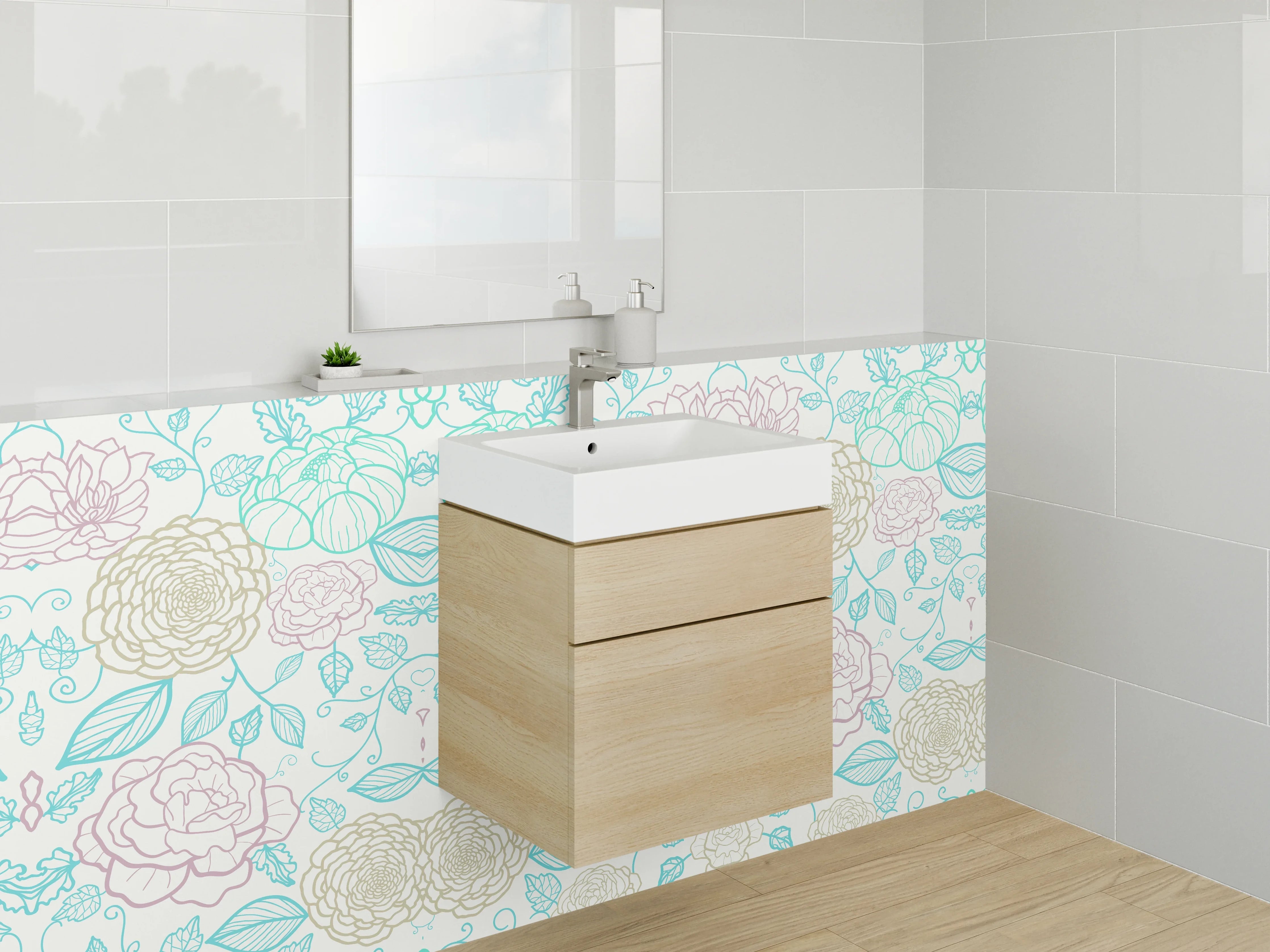 Waschbecken-Rückwand - Florales Lineart Muster Pastell