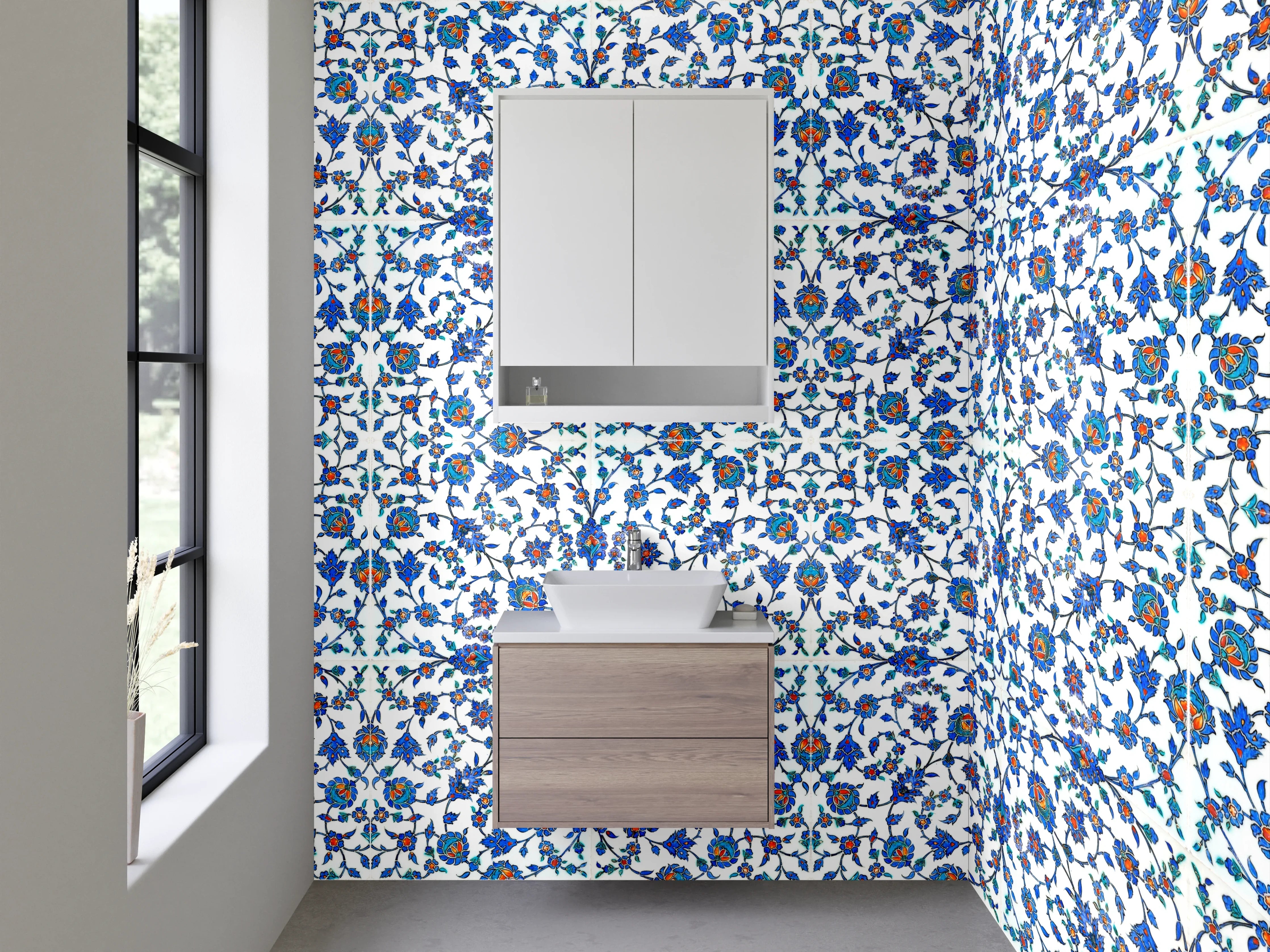 Waschbecken-Rückwand - Florales Mosaikmuster Blau Weiß