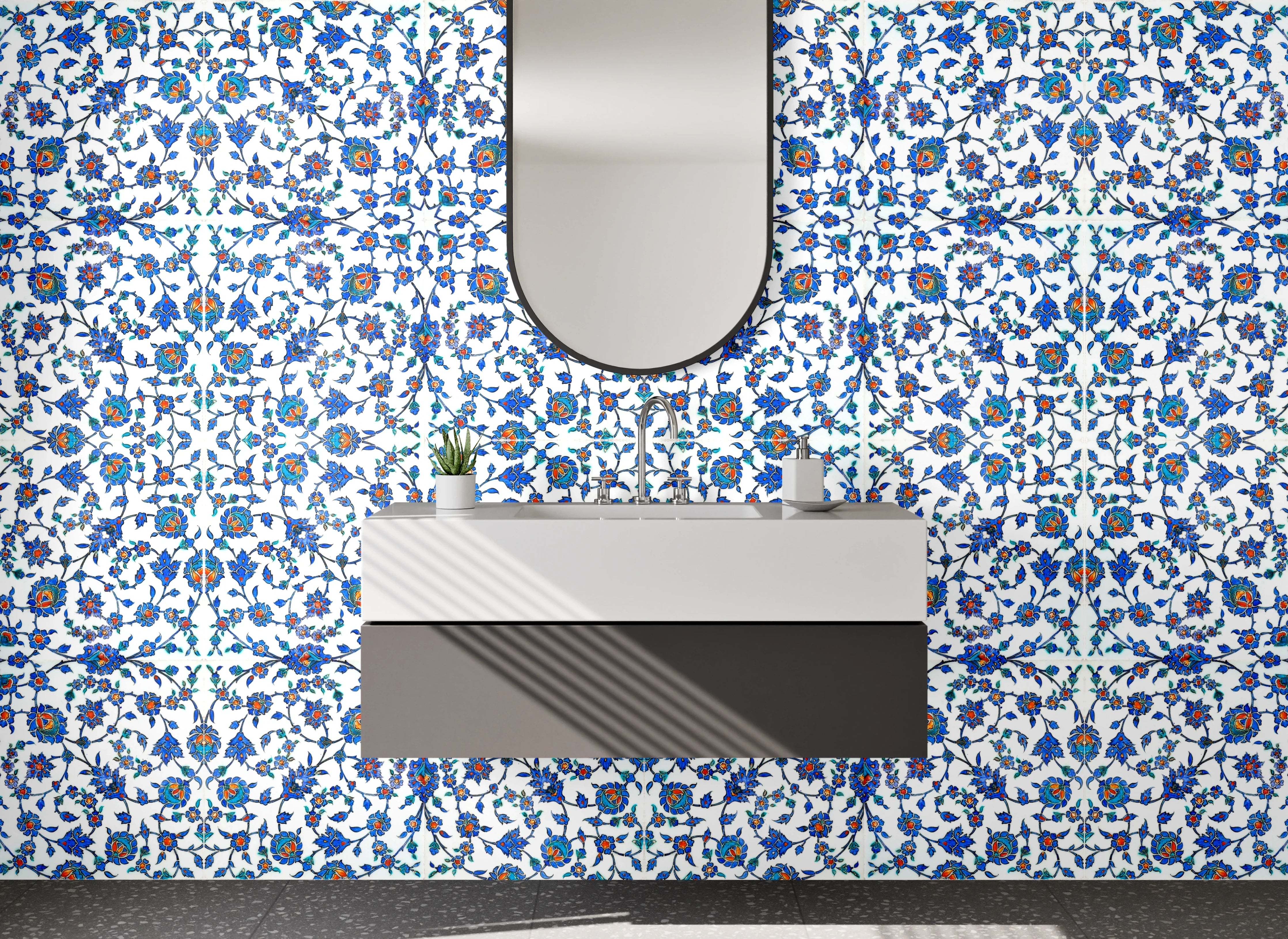 Waschbecken-Rückwand - Florales Mosaikmuster Blau Weiß