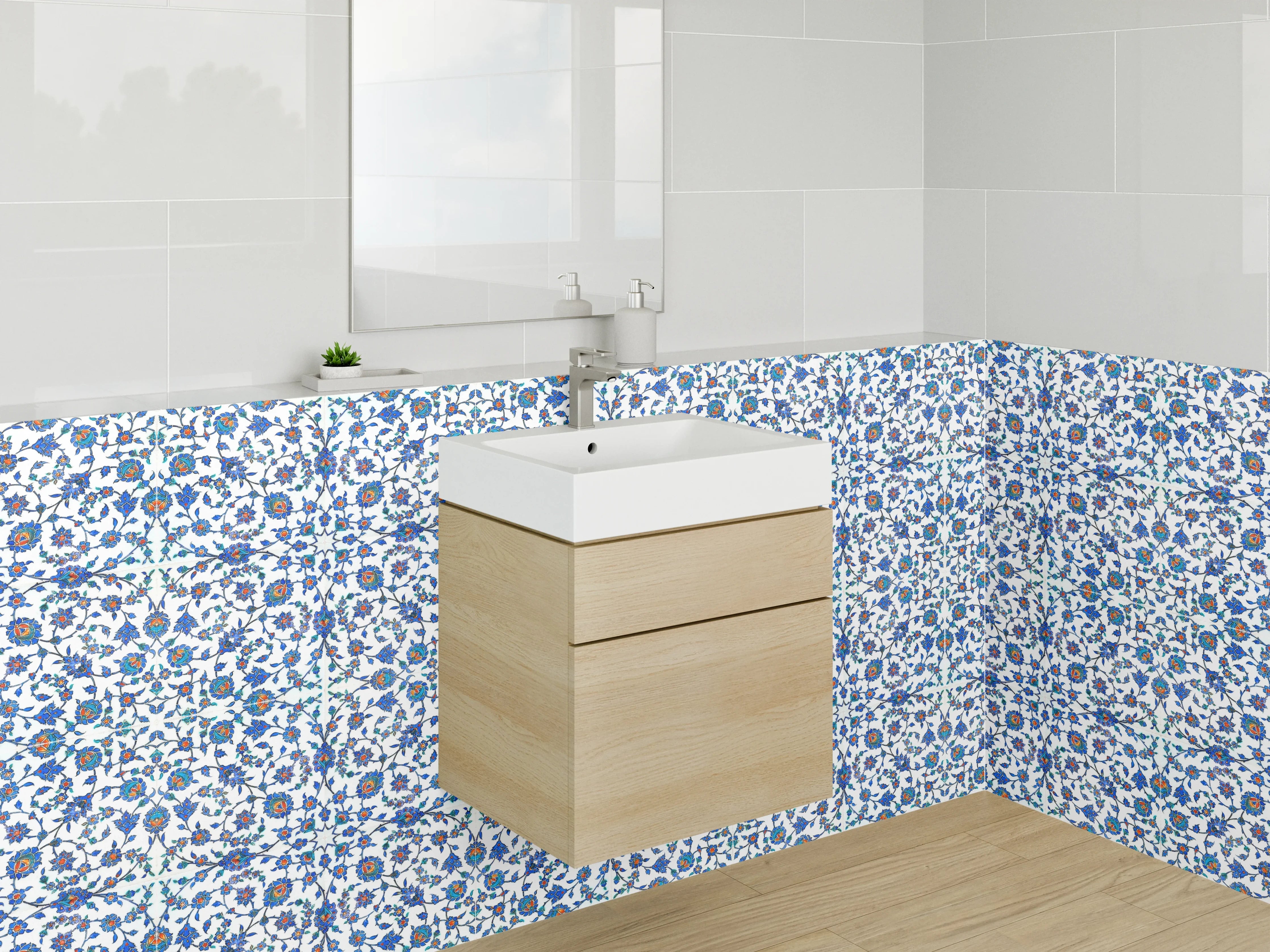 Waschbecken-Rückwand - Florales Mosaikmuster Blau Weiß