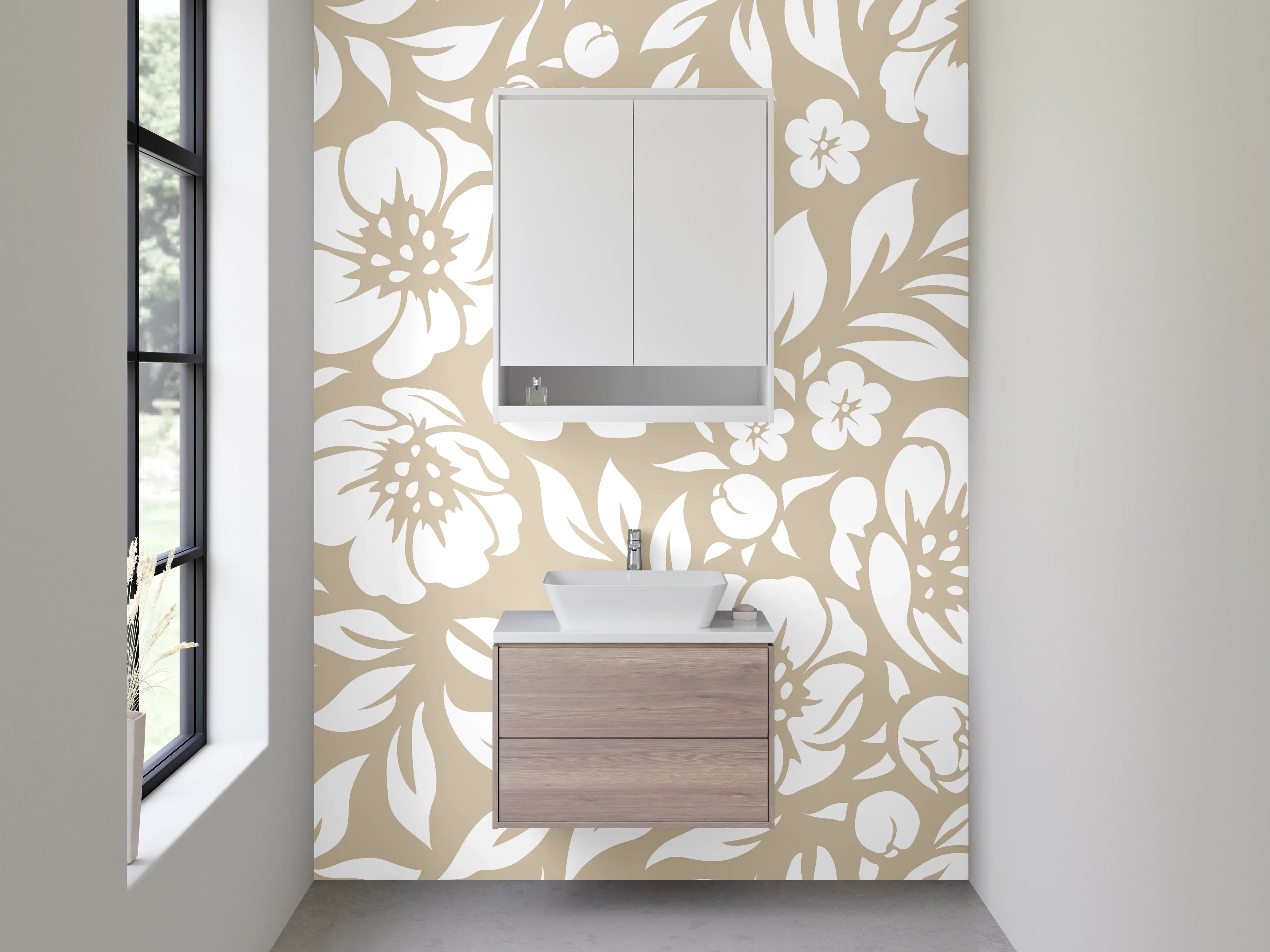 Waschbecken-Rückwand - Florales Muster Beige Weiß