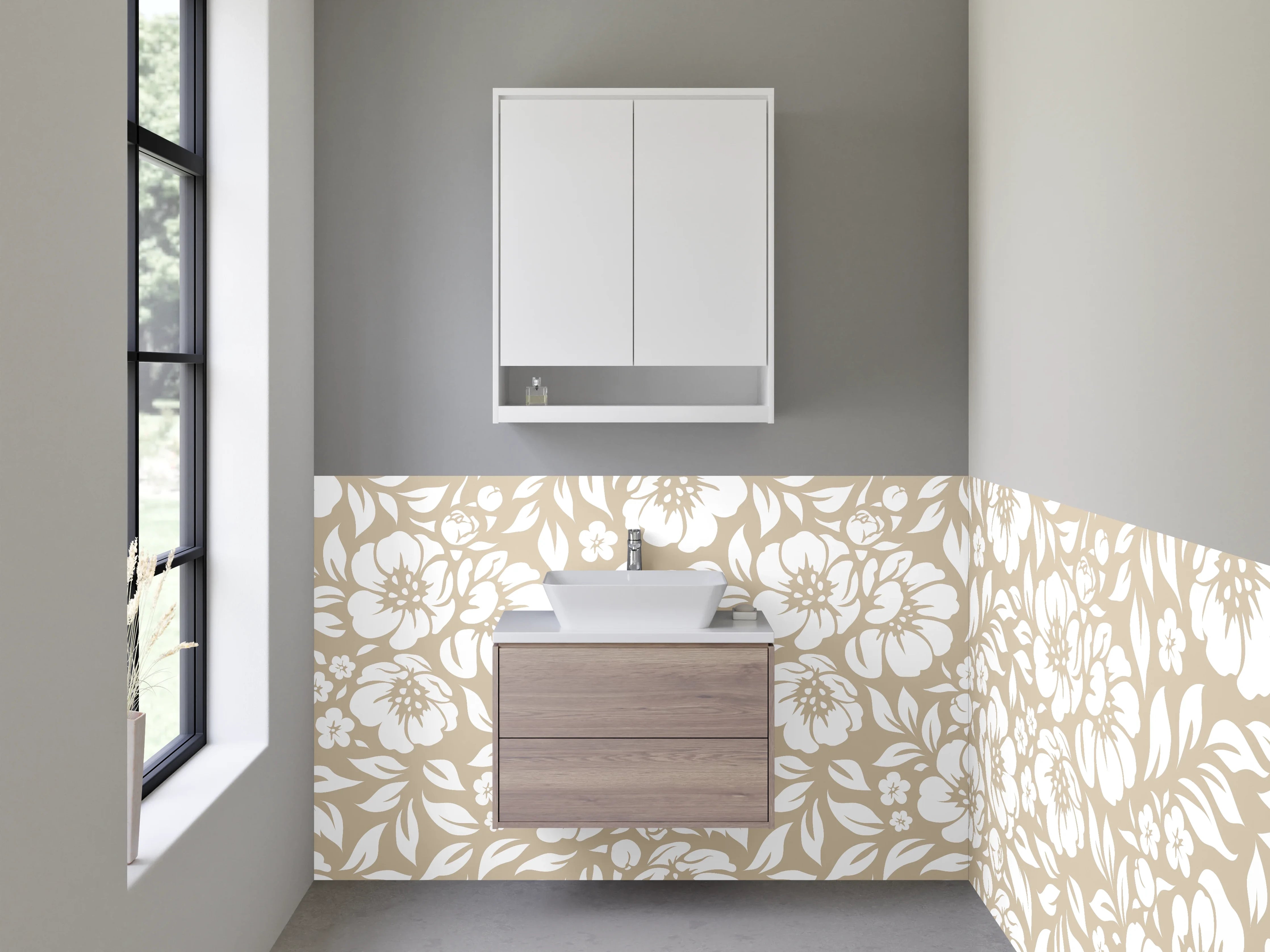 Waschbecken-Rückwand - Florales Muster Beige Weiß