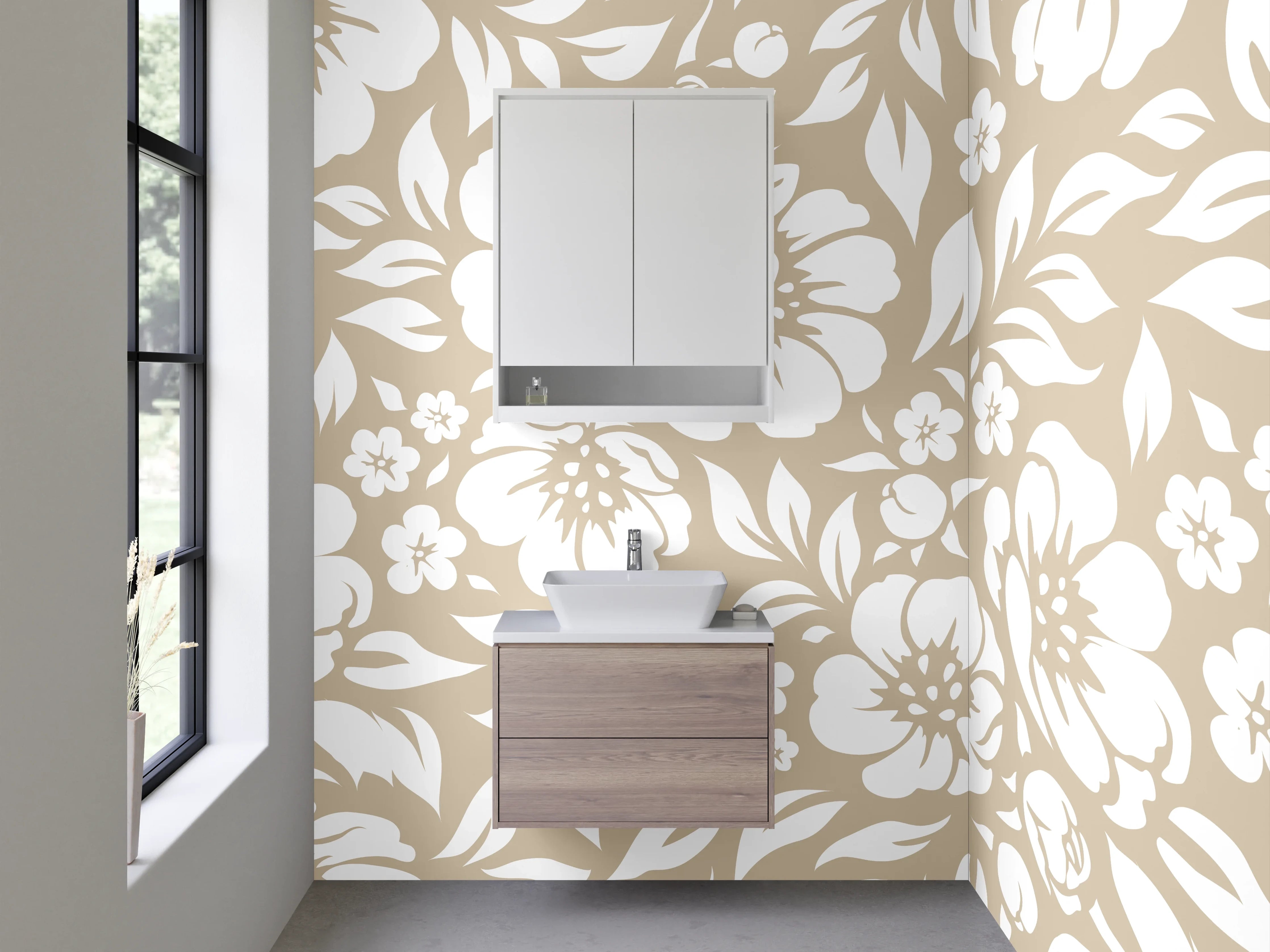 Waschbecken-Rückwand - Florales Muster Beige Weiß