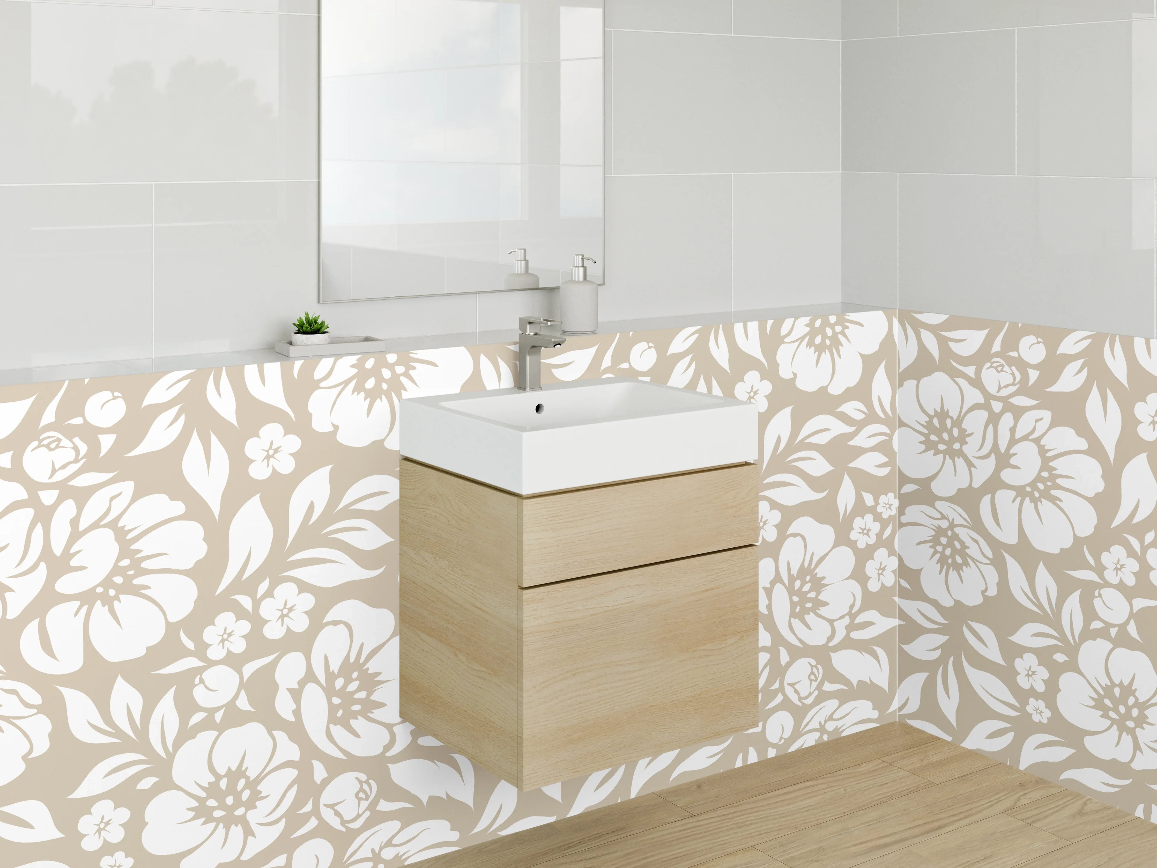 Waschbecken-Rückwand - Florales Muster Beige Weiß