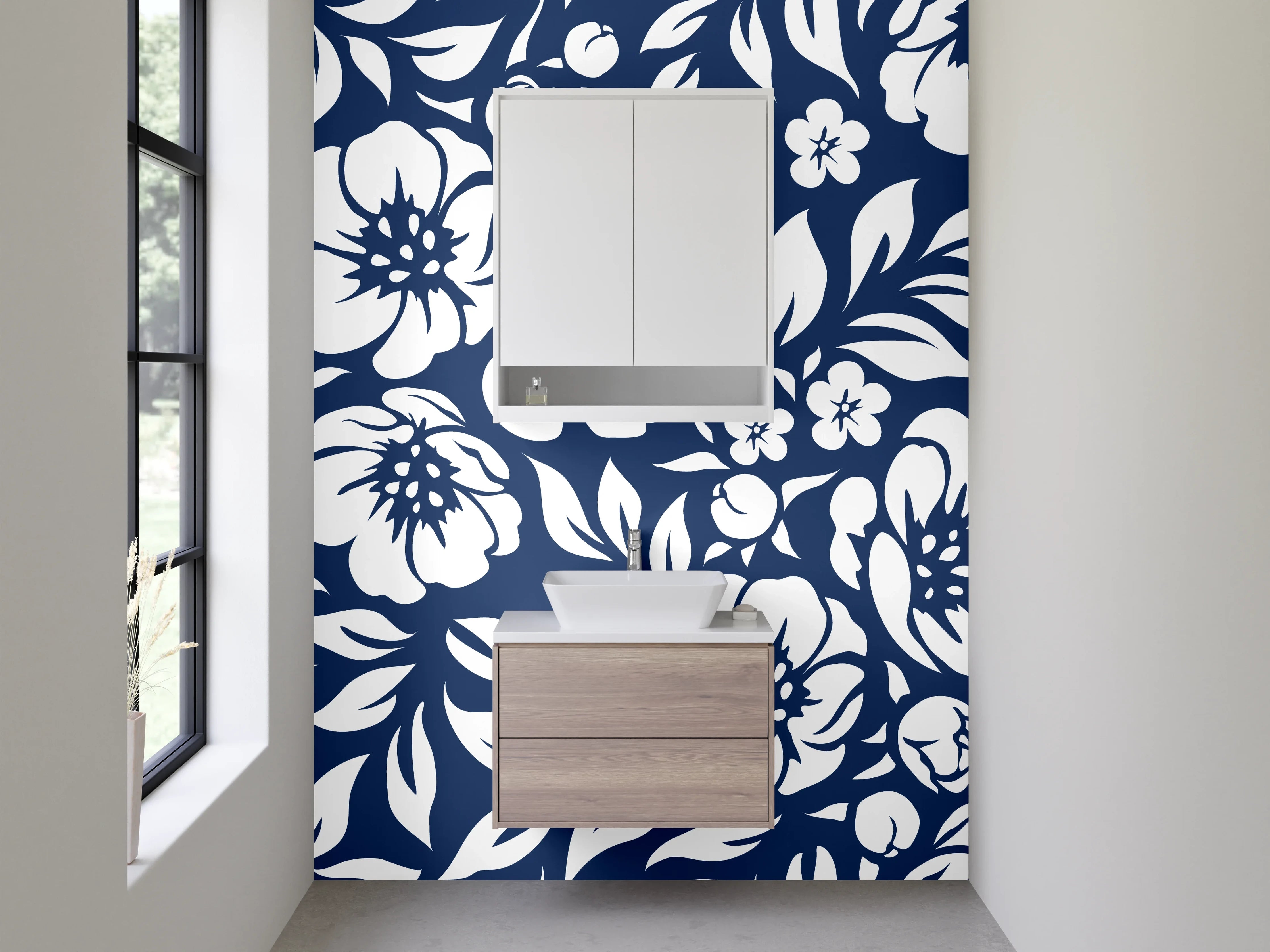 Waschbecken-Rückwand - Florales Muster Blau-Weiß