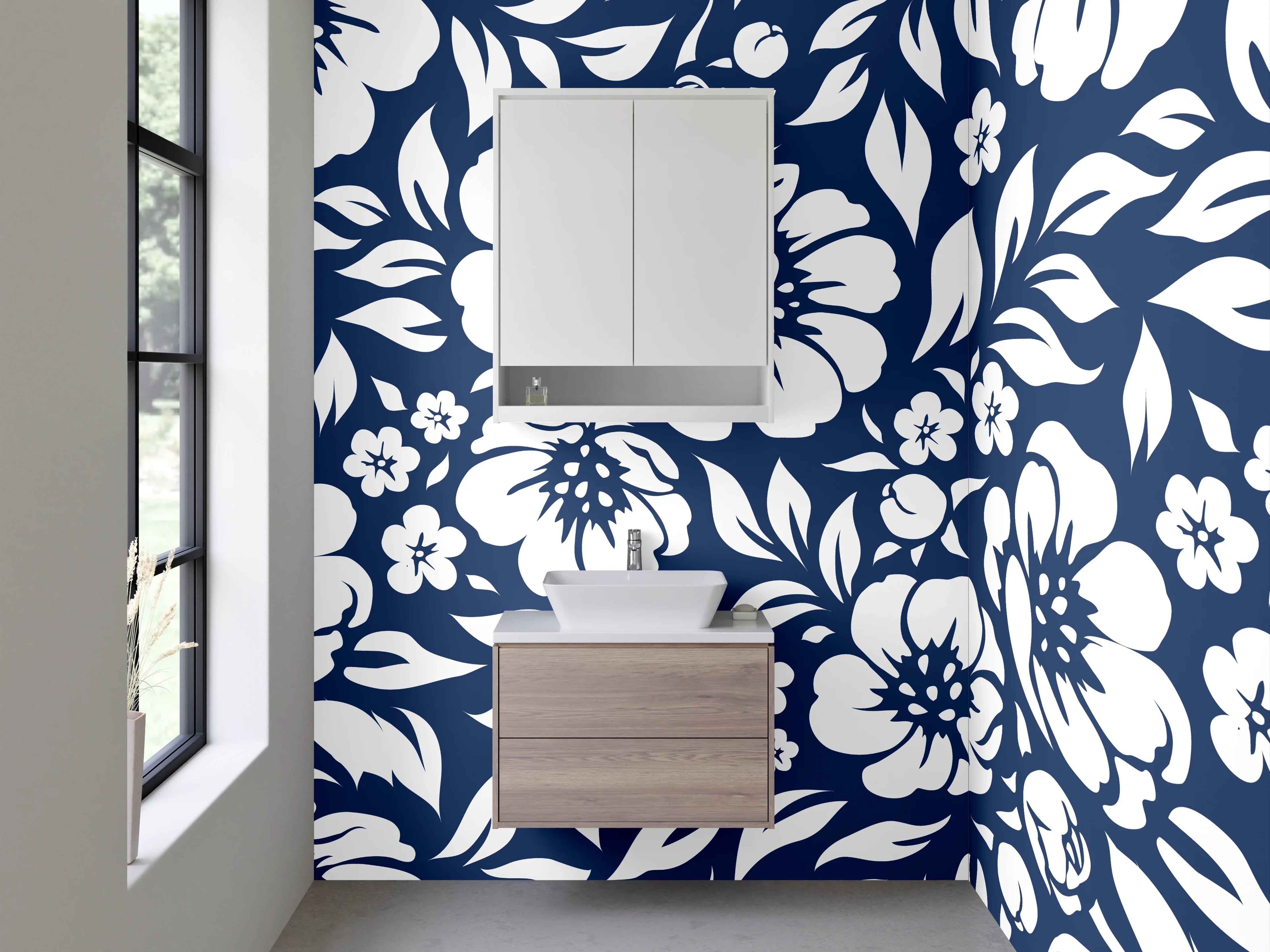 Waschbecken-Rückwand - Florales Muster Blau-Weiß