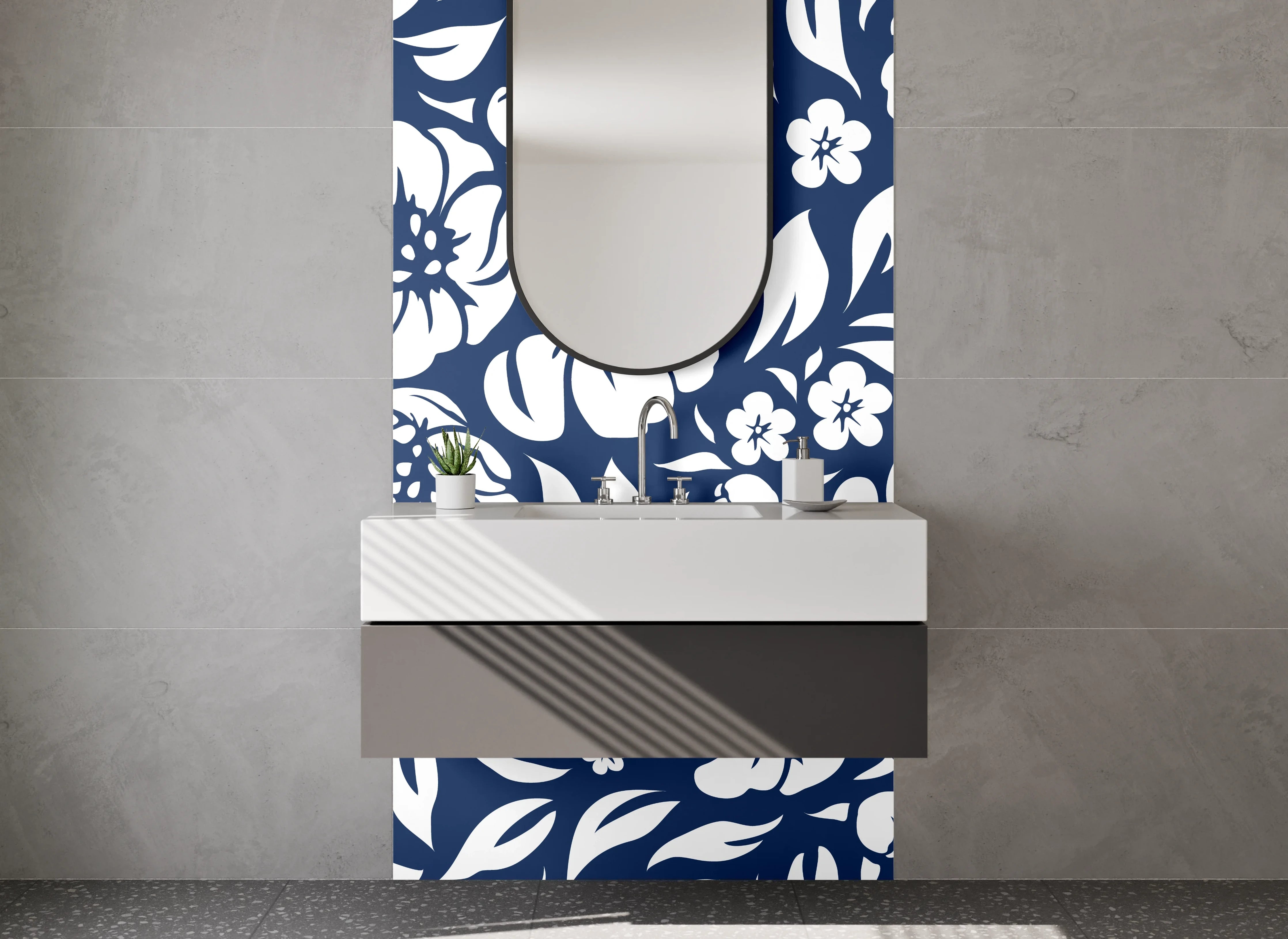 Waschbecken-Rückwand - Florales Muster Blau-Weiß