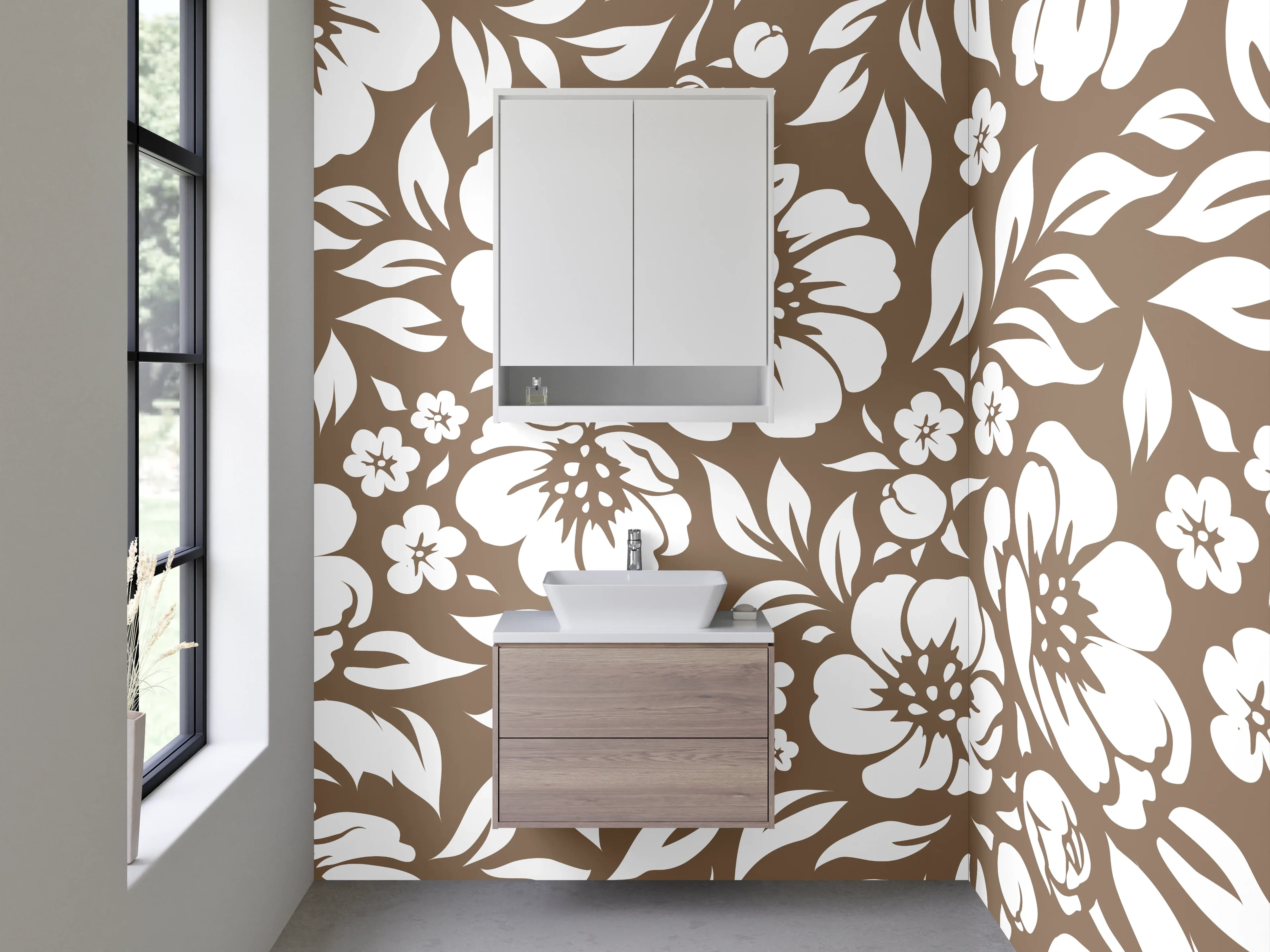 Waschbecken-Rückwand - Florales Muster Braun Weiß Dekor
