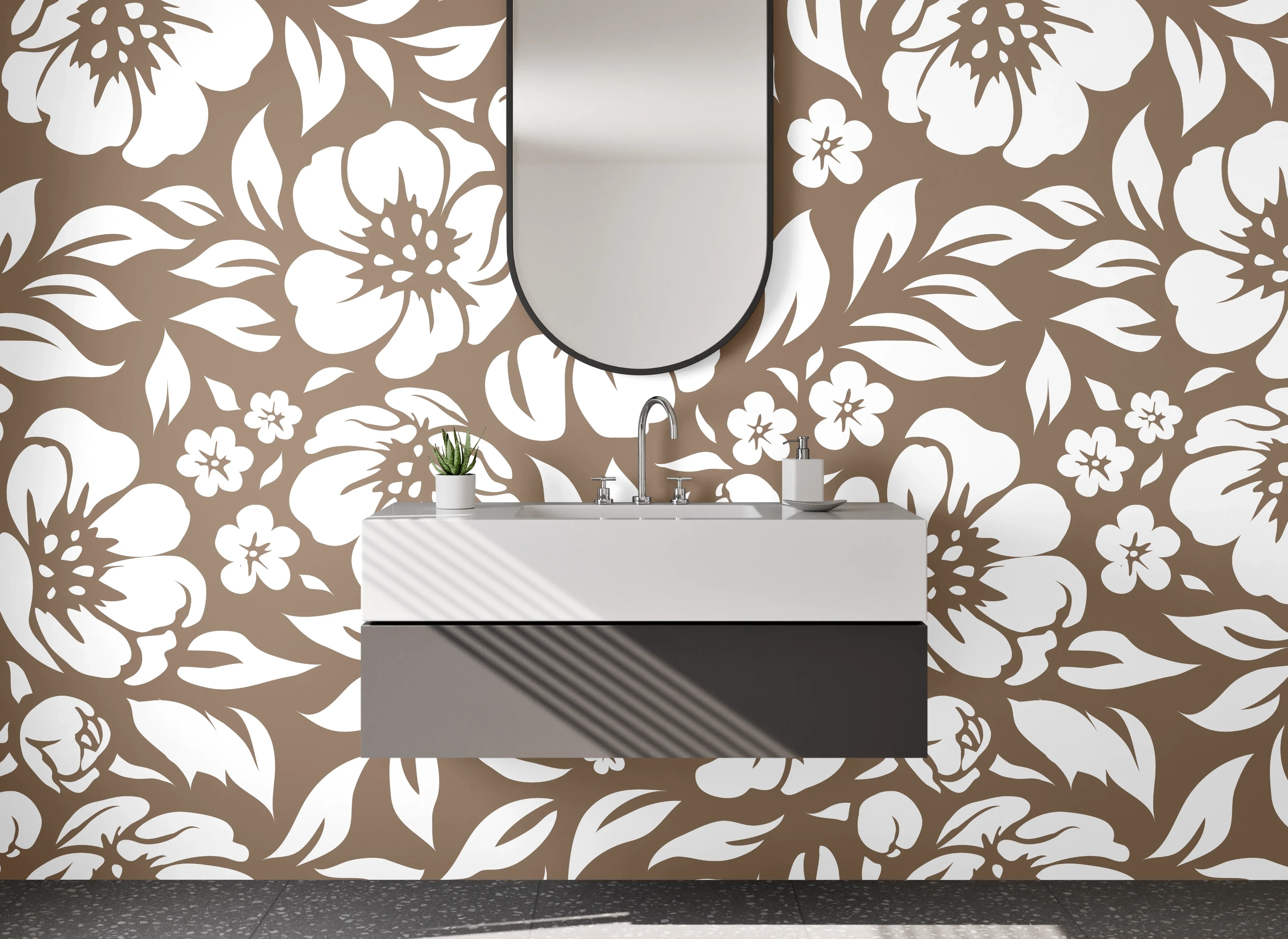 Waschbecken-Rückwand - Florales Muster Braun Weiß Dekor