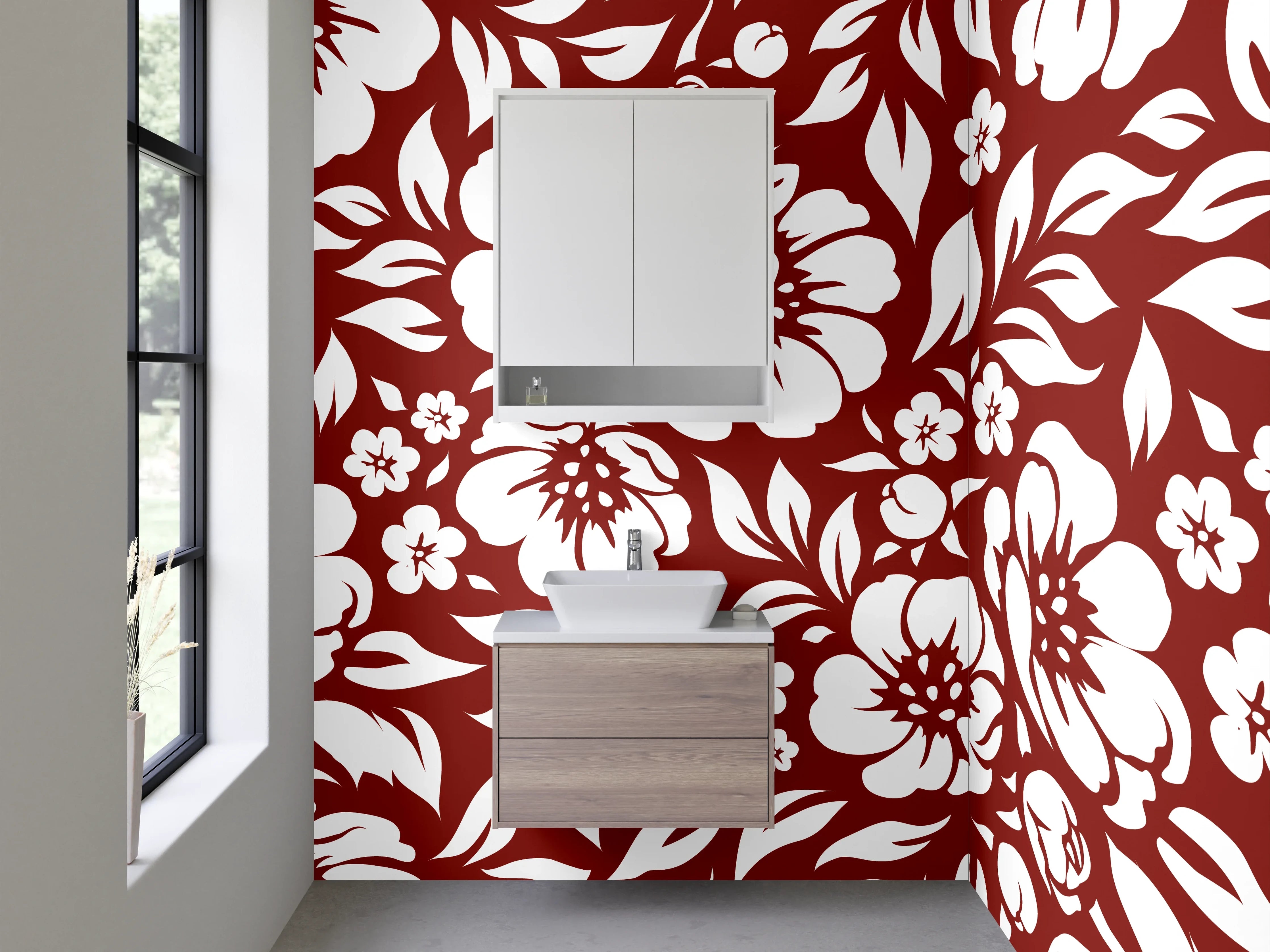 Waschbecken-Rückwand - Florales Muster Rot Weiß