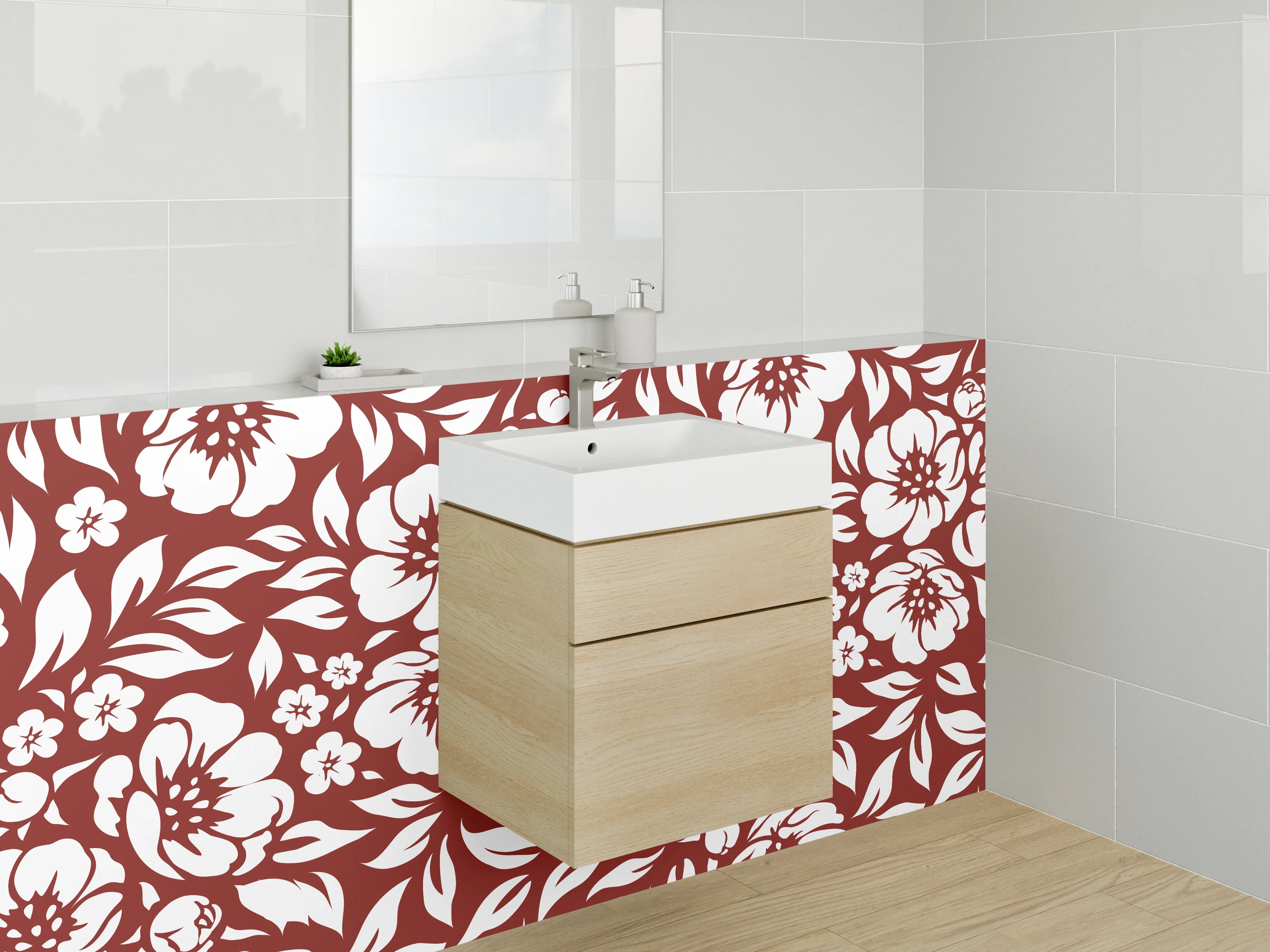 Waschbecken-Rückwand - Florales Muster Rot Weiß