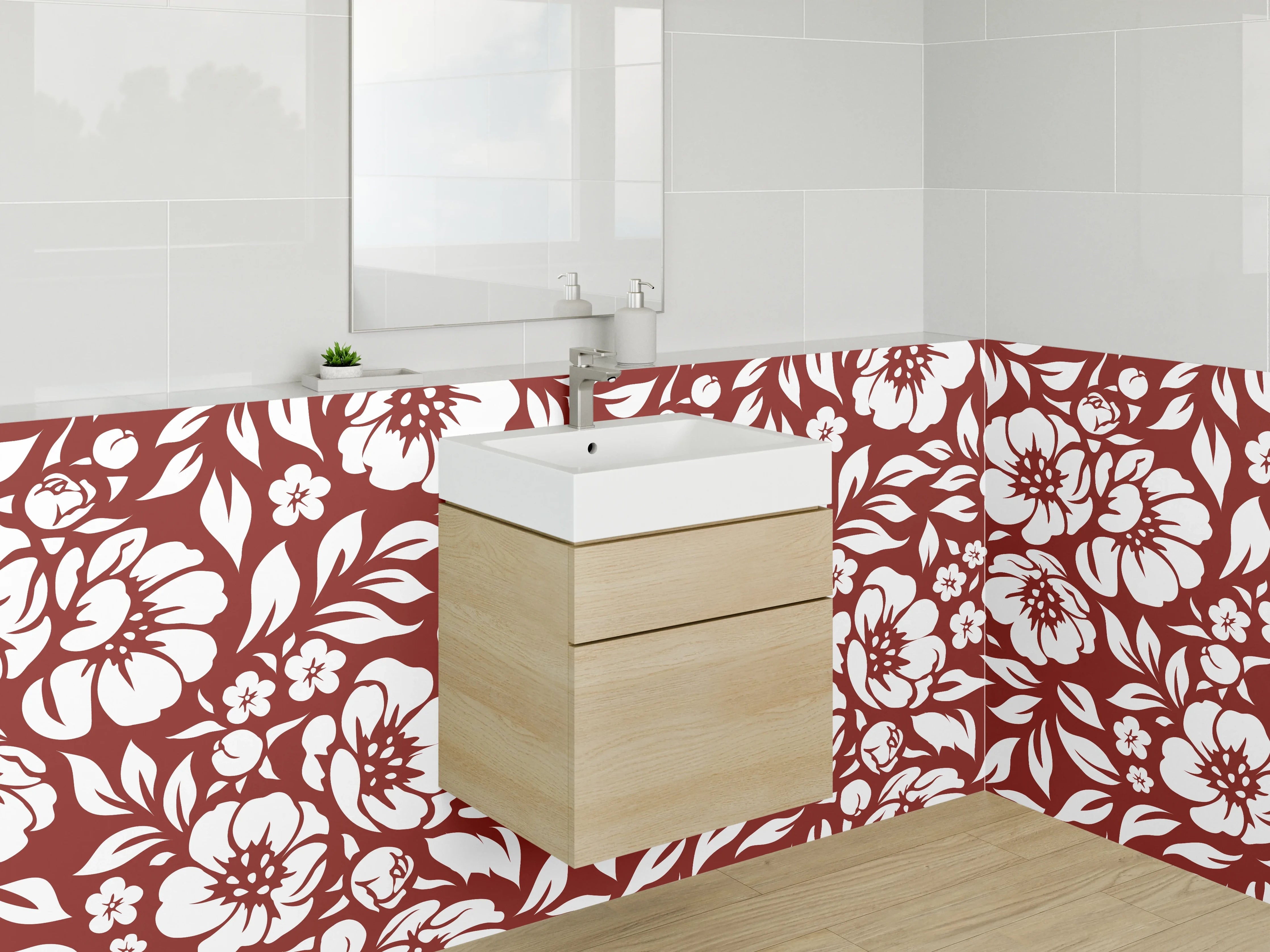Waschbecken-Rückwand - Florales Muster Rot Weiß