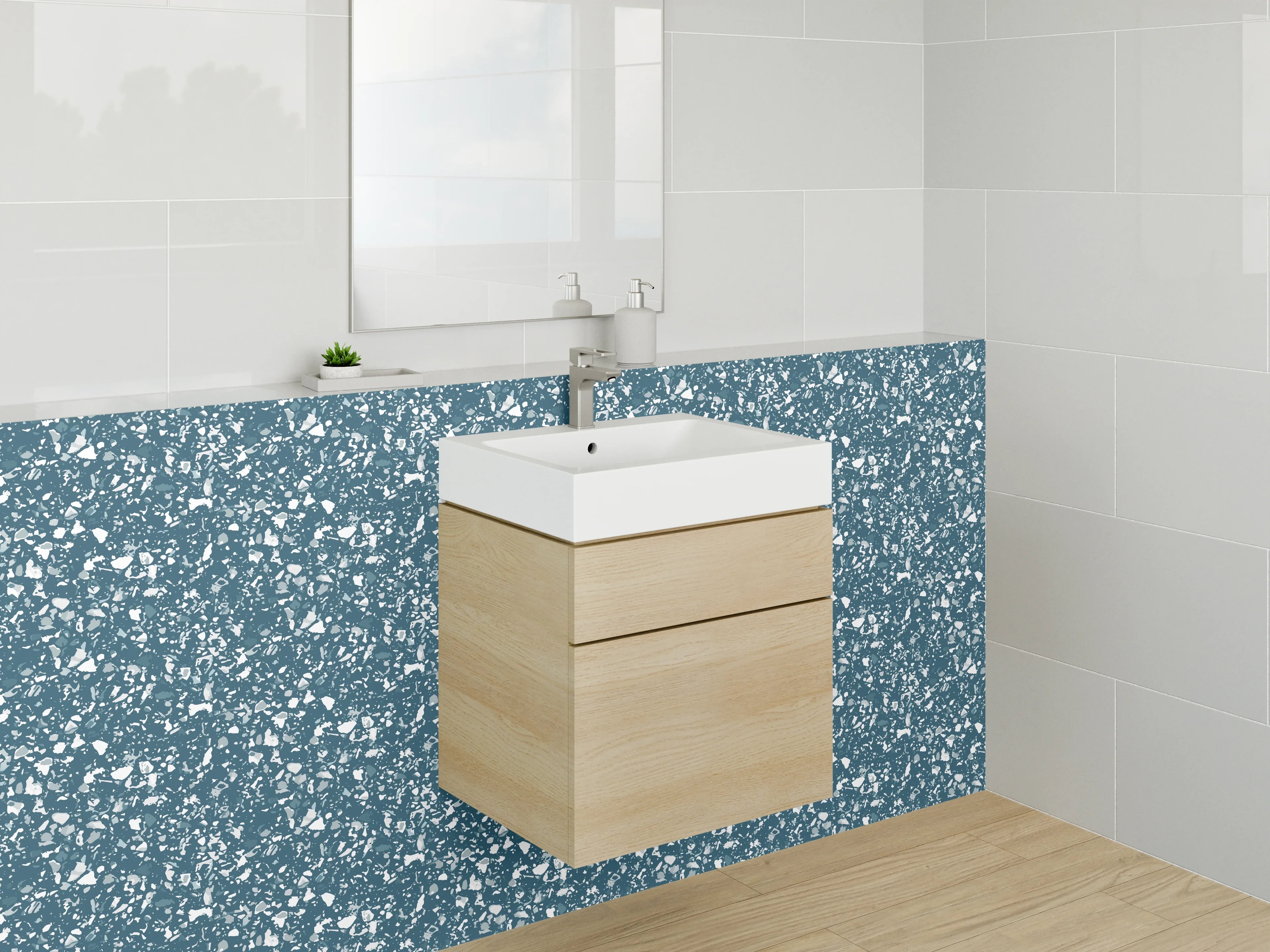Waschbecken-Rückwand - Florales Muster in Blau – Fliesenoptik