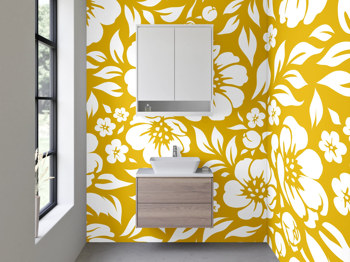 Waschbecken-Rückwand - Florales Muster in Gold und Weiß