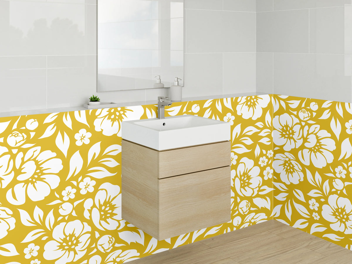 Waschbecken-Rückwand - Florales Muster in Gold und Weiß