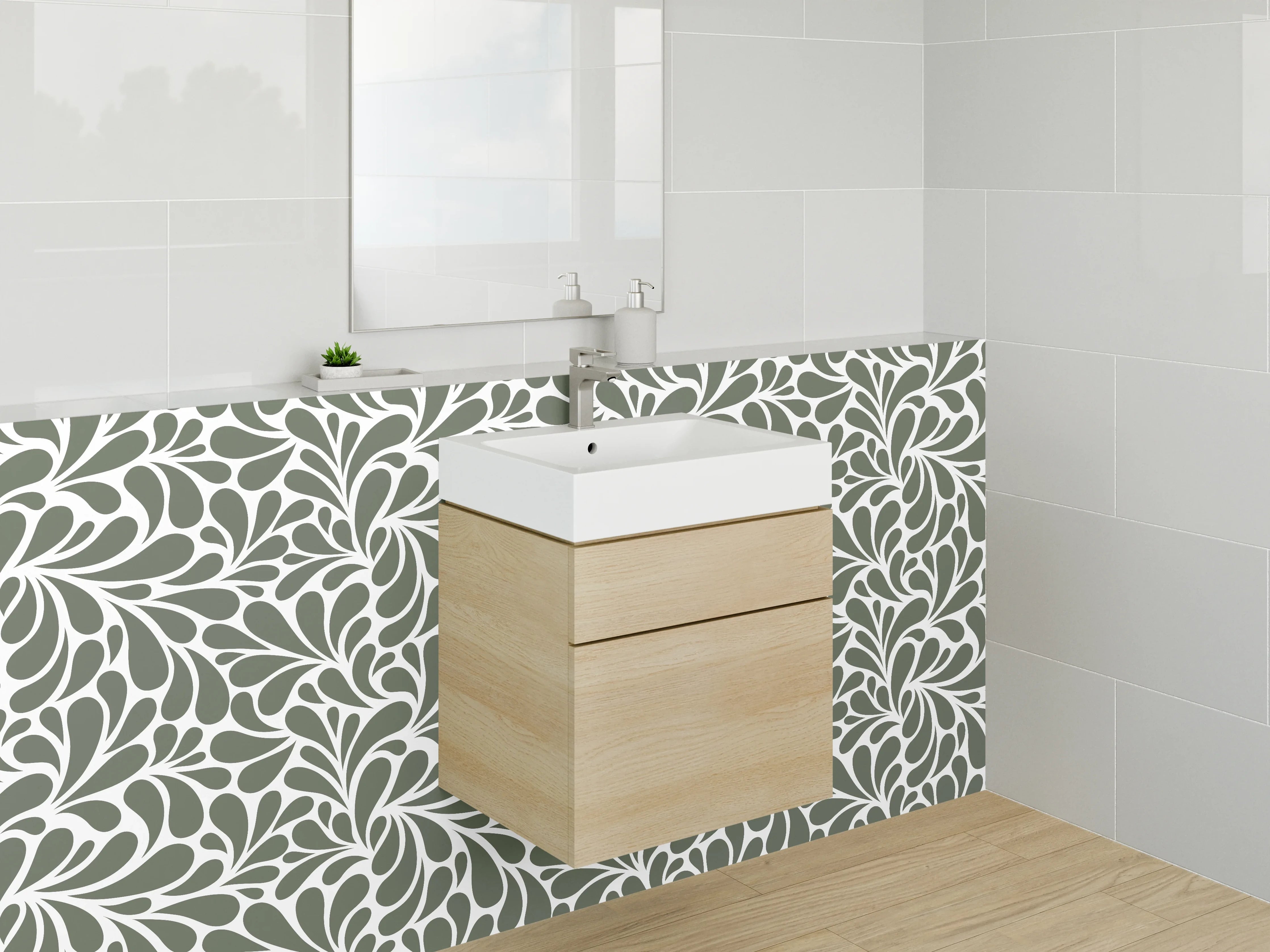 Waschbecken-Rückwand - Florales Ornament-Muster Grau Weiß