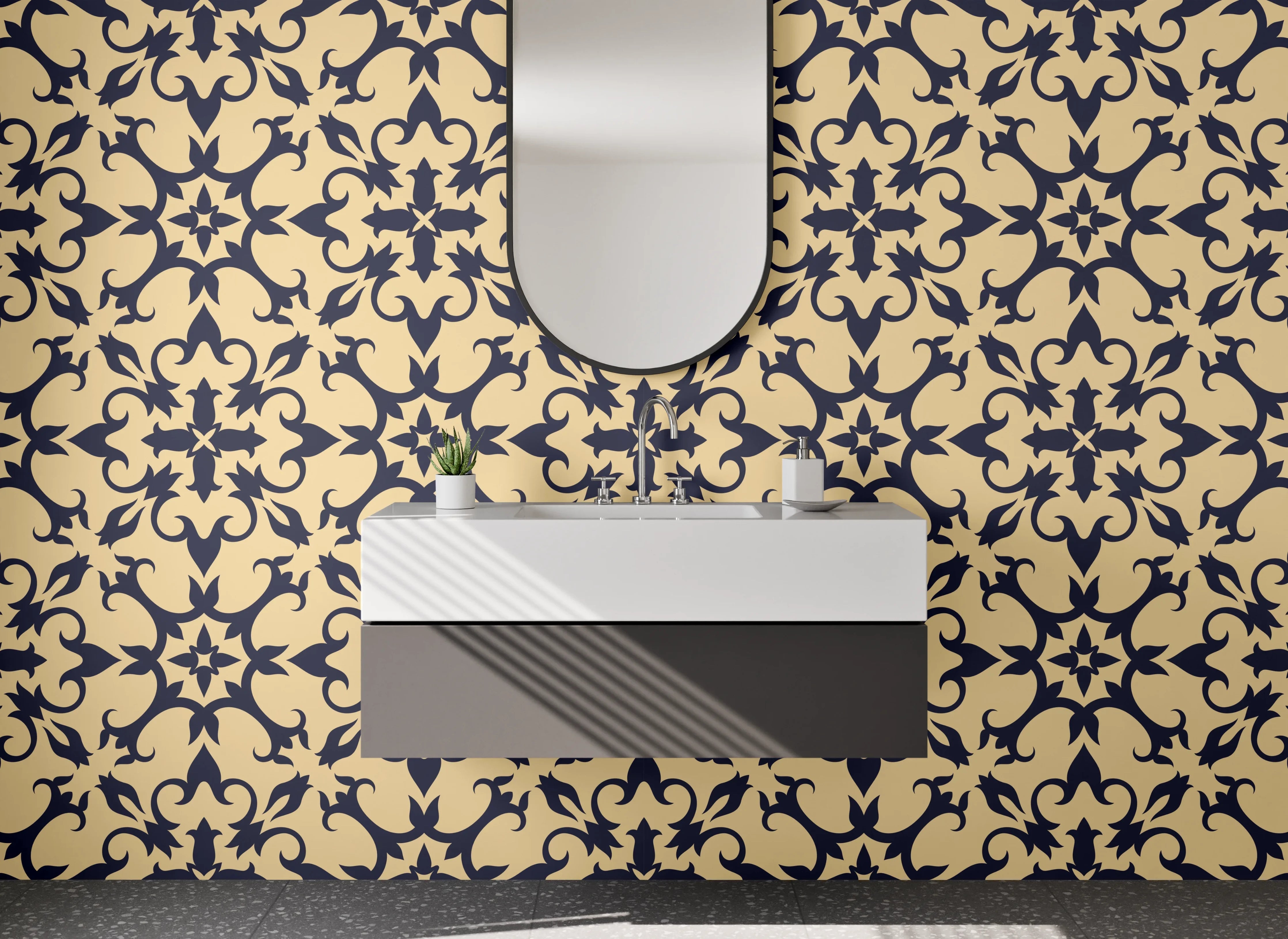 Waschbecken-Rückwand - Florales Ornament Muster Retro Beige Schwarz