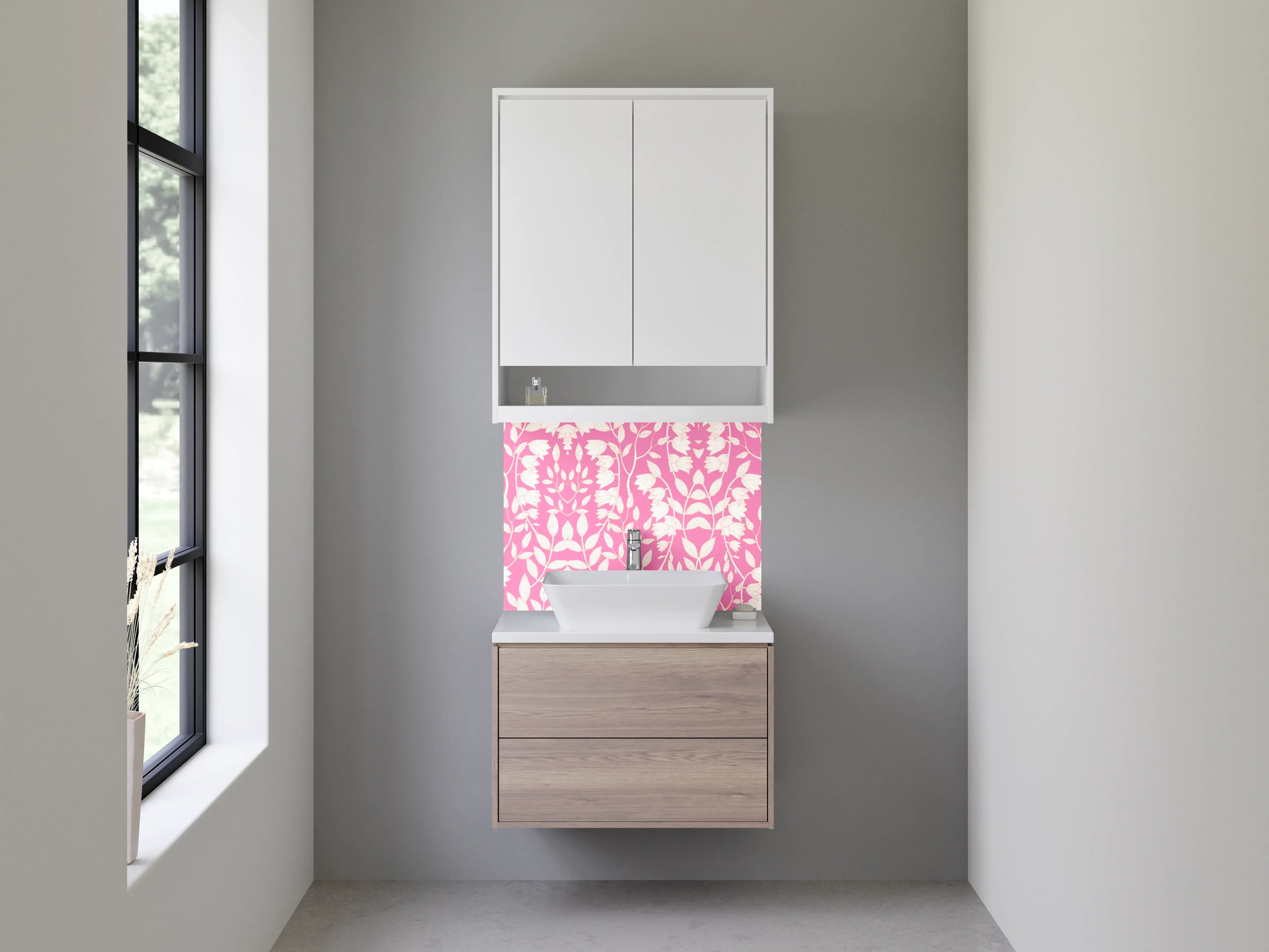 Waschbecken-Rückwand - Florales Ornament Rosa Weiß Muster