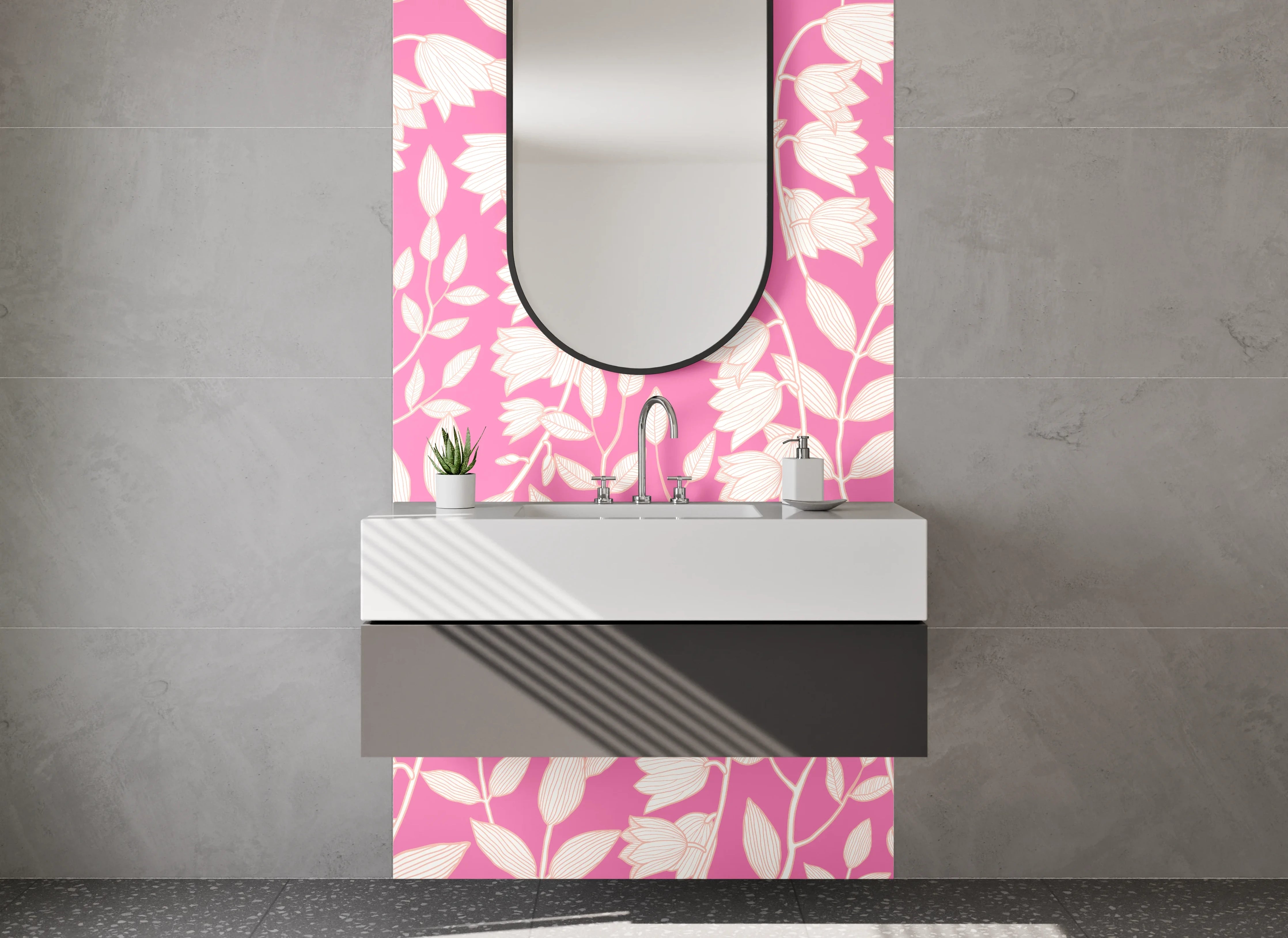 Waschbecken-Rückwand - Florales Ornament Rosa Weiß Muster